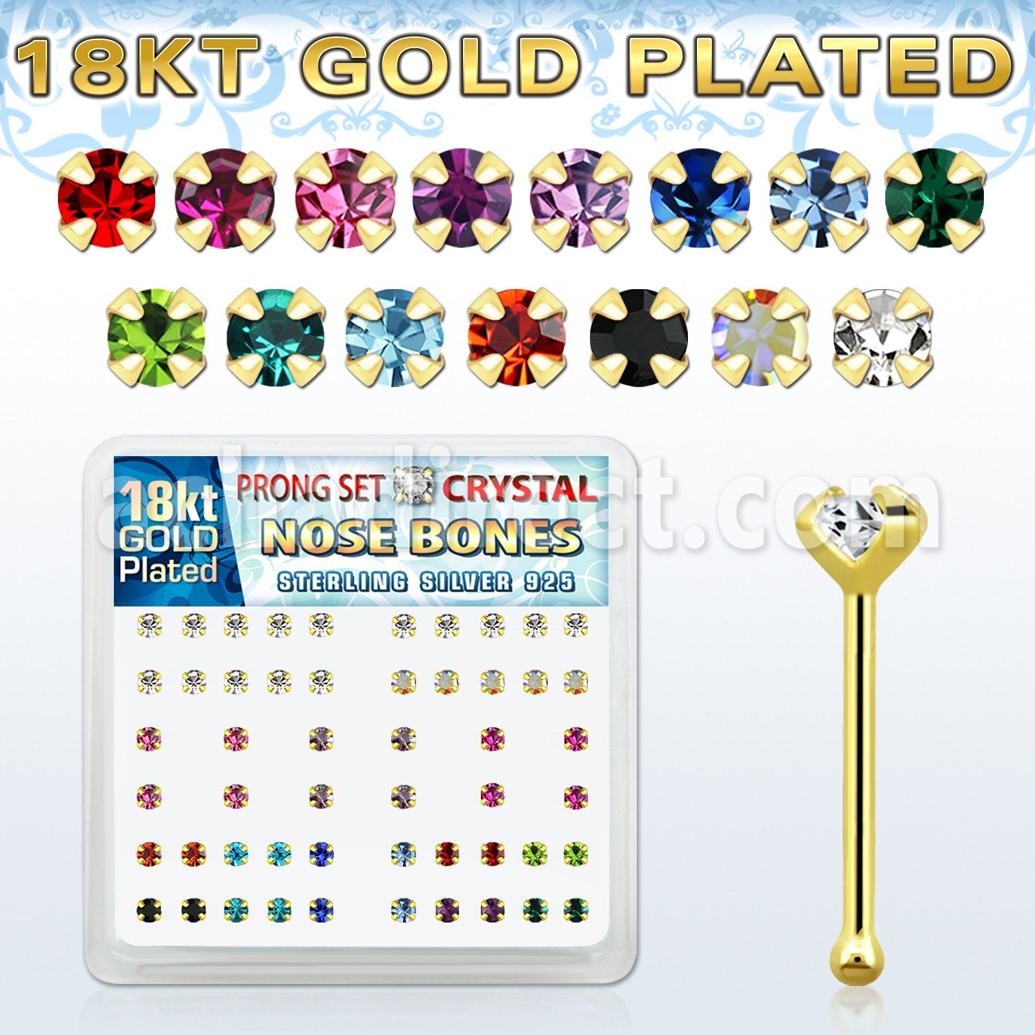 18bp19xm caja display piercing nariz hueso plata esterlina 925 0 6mm oro 18 kts zirconia 2 5mm distribuidor