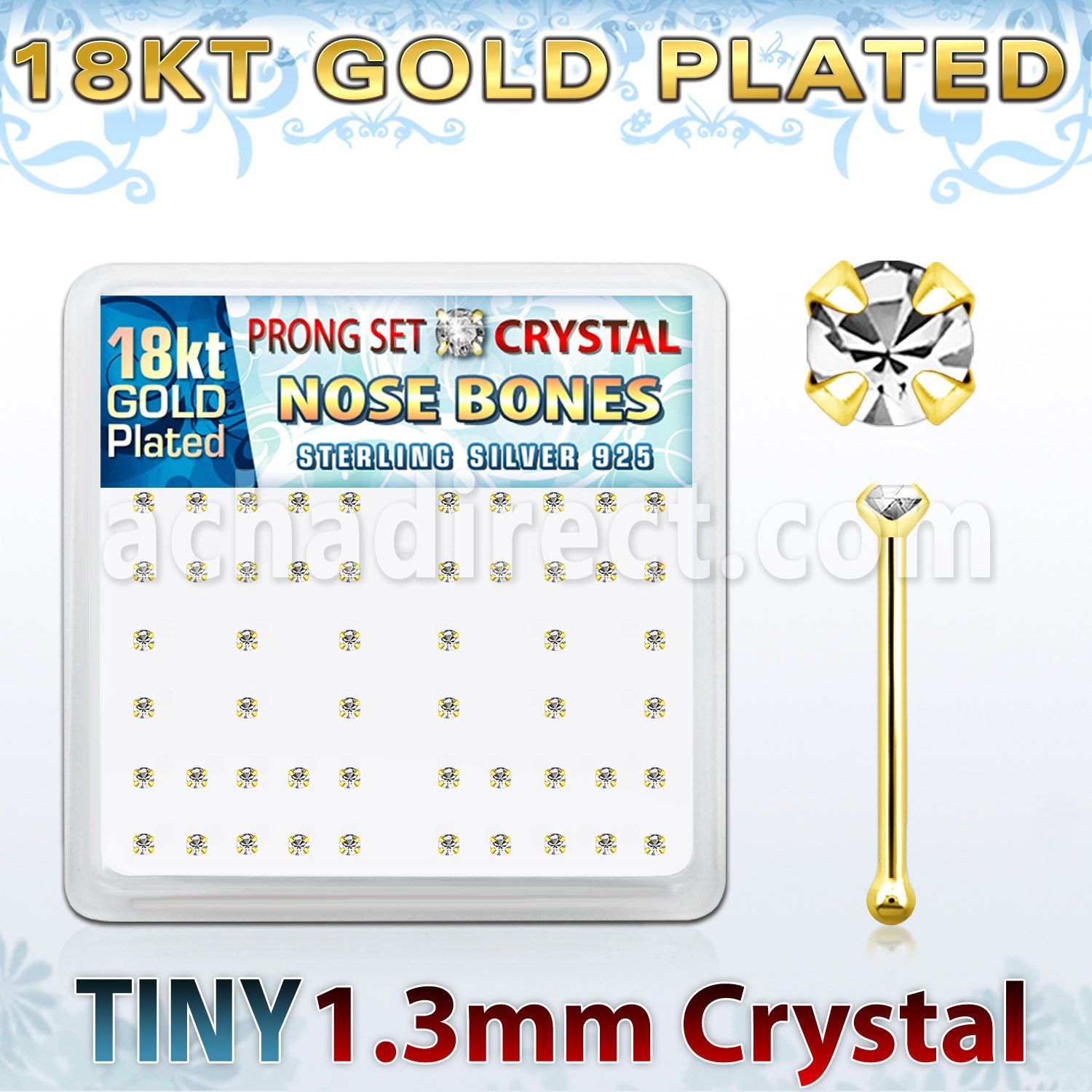 18bp6xc caja display piercing nariz hueso plata esterlina 925 0 6mm oro 18 kts cristal claros redondos 1 25mm distribuidor