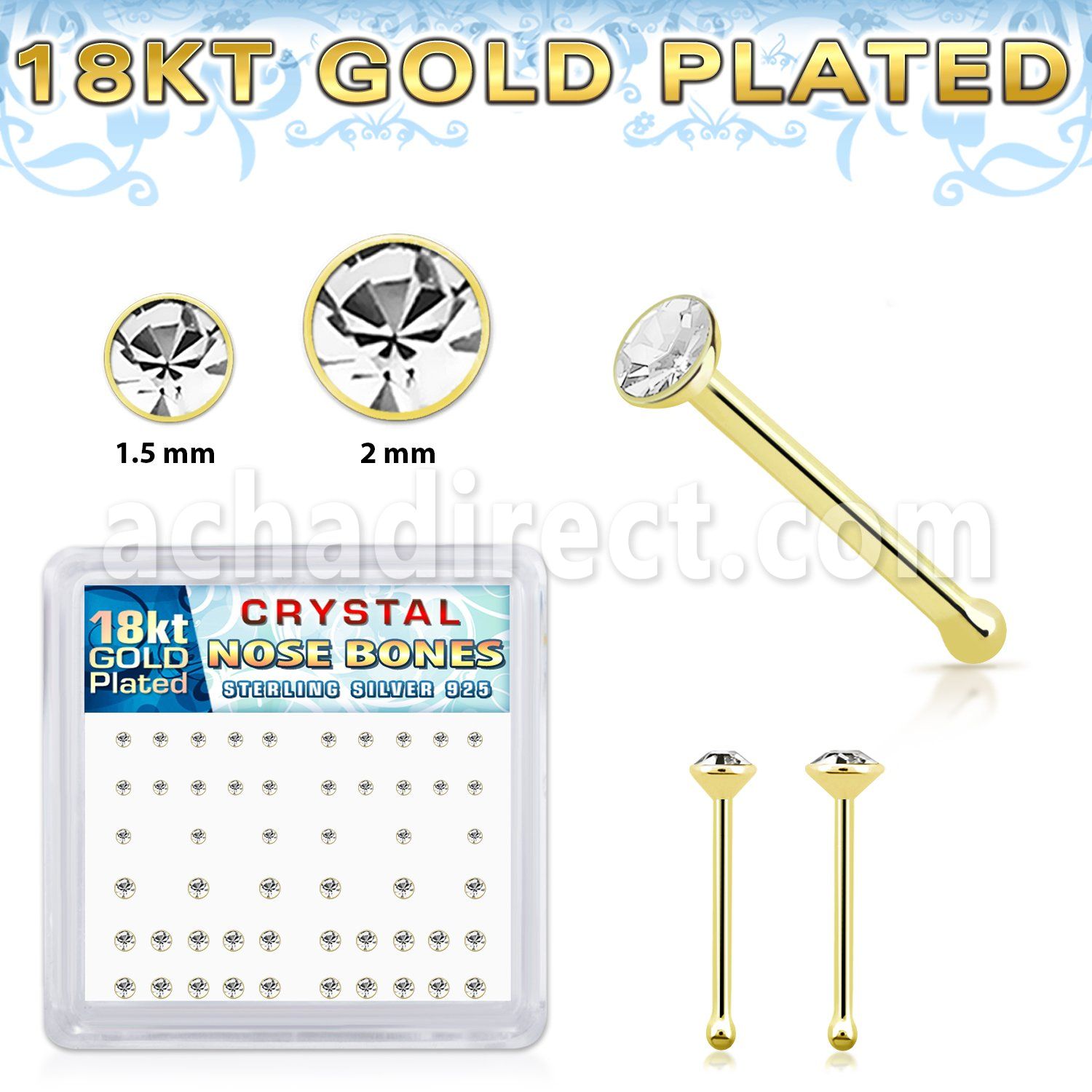 18bxbmc8 18k gold plated silver nose bones 22g clear 52