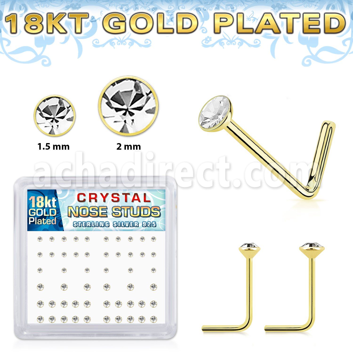 18bxsmc8 18k gold plated silver nose studs 22g clear 52