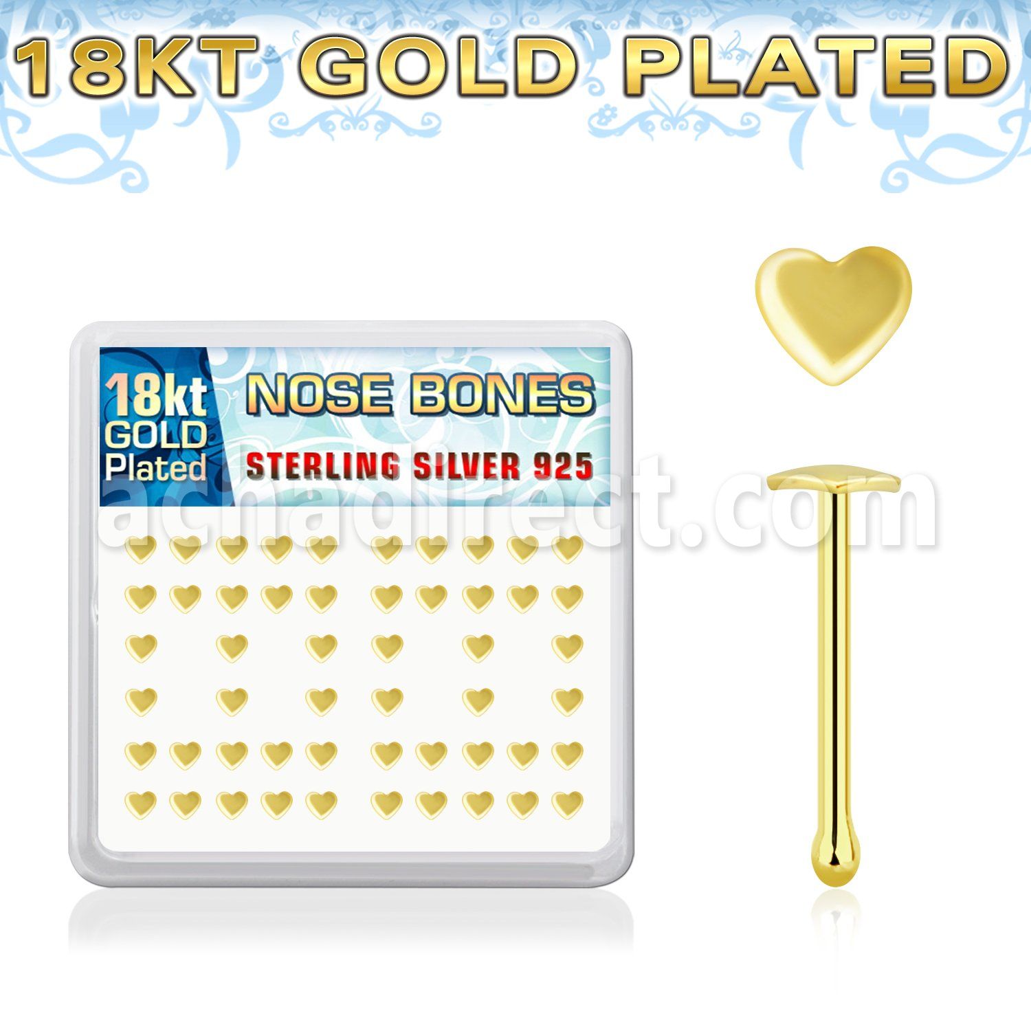 18bxvhr caja piercing nariz hueso plata 925 0 6mm corazon oro 18 kts mayorista