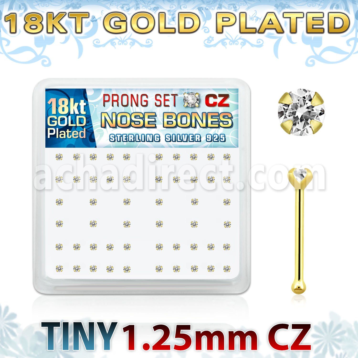 18bz12xc caja display piercing nariz hueso plata esterlina 925 0 6mm oro 18 kts zirconia claras redondas 1 25mm mayorista