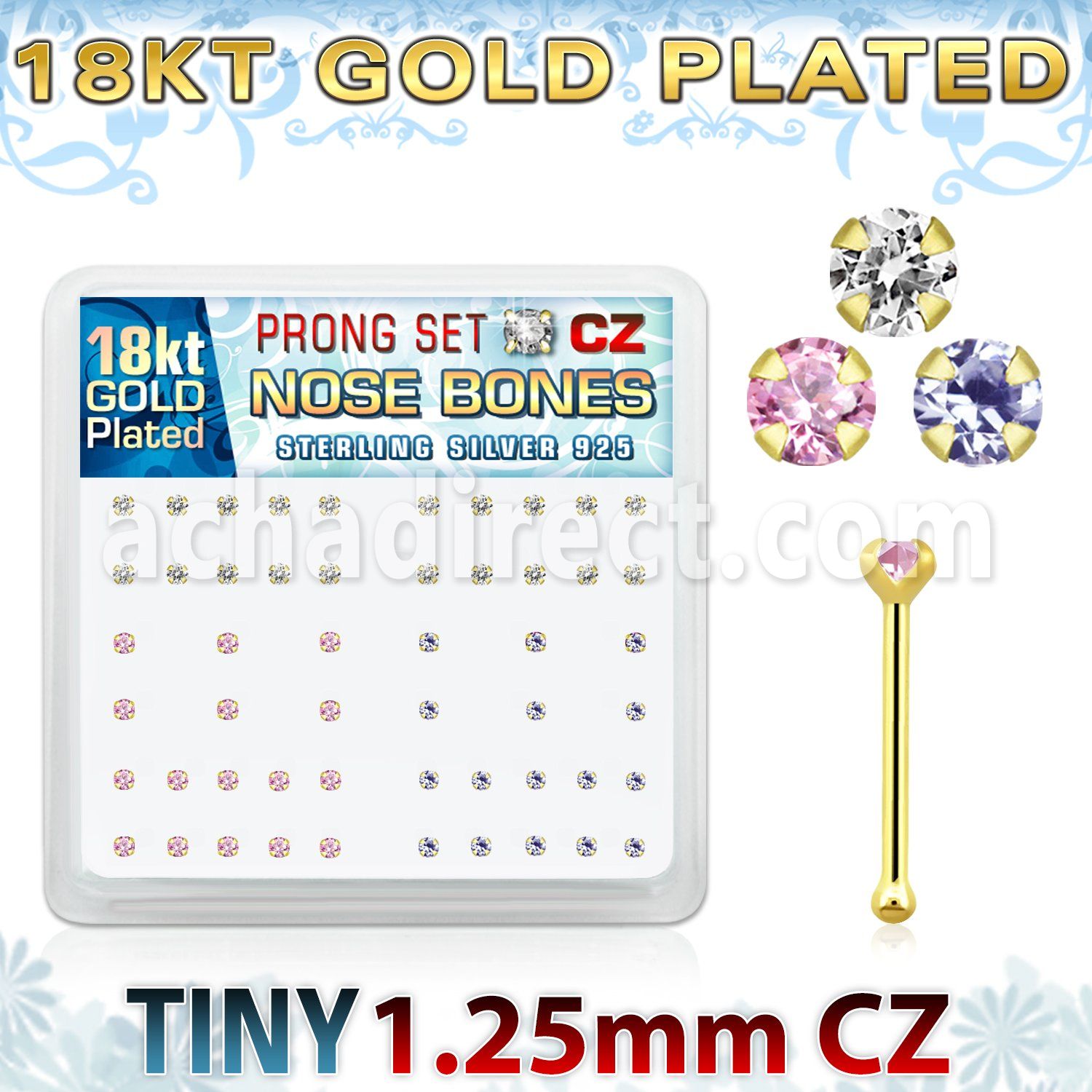 18bz12xm caja display piercing nariz hueso plata esterlina 925 0 6mm oro 18 kts zirconia redondas 1 25mm mayorista