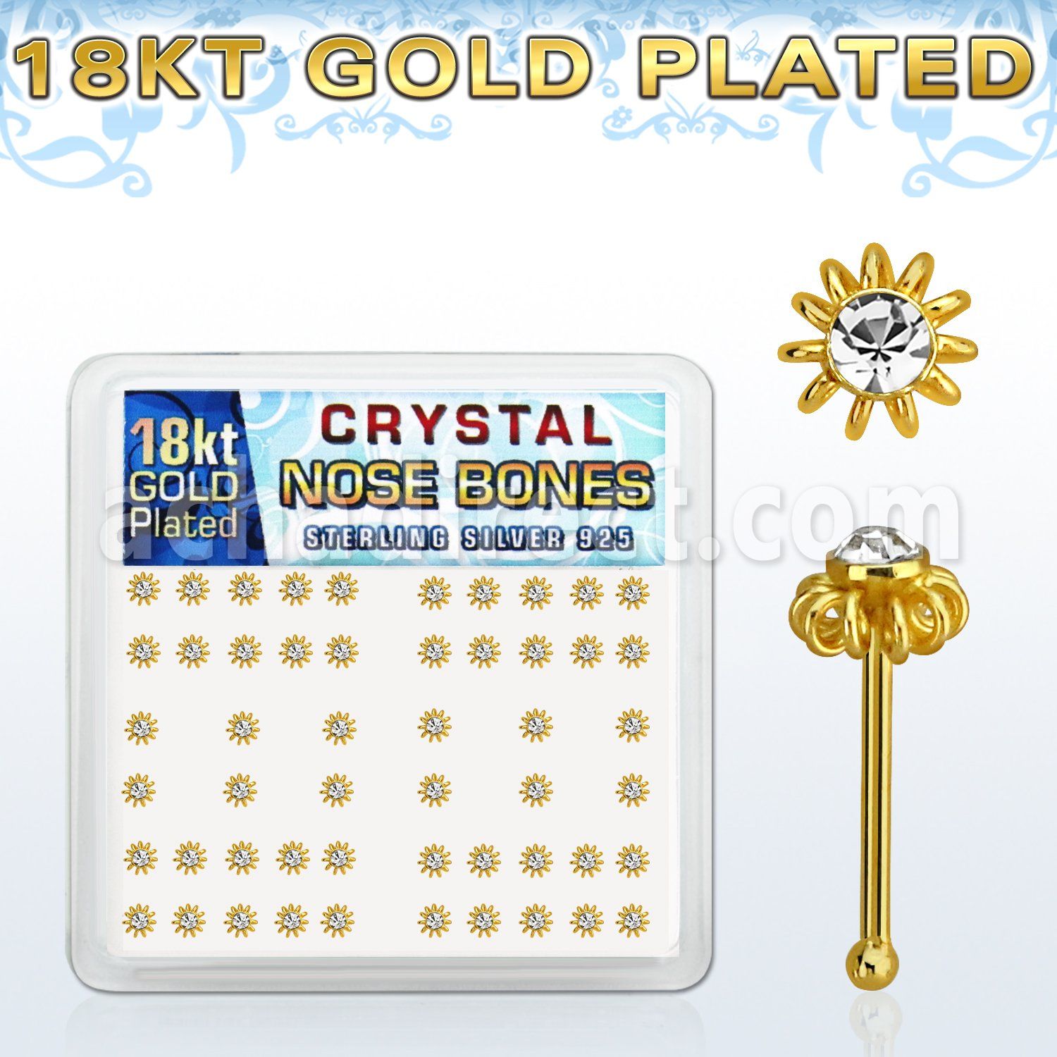 18nbfwxc caja display piercing nariz hueso plata 925 oro 18k 0 6mm flor alambre cristal centro claro distribuidor