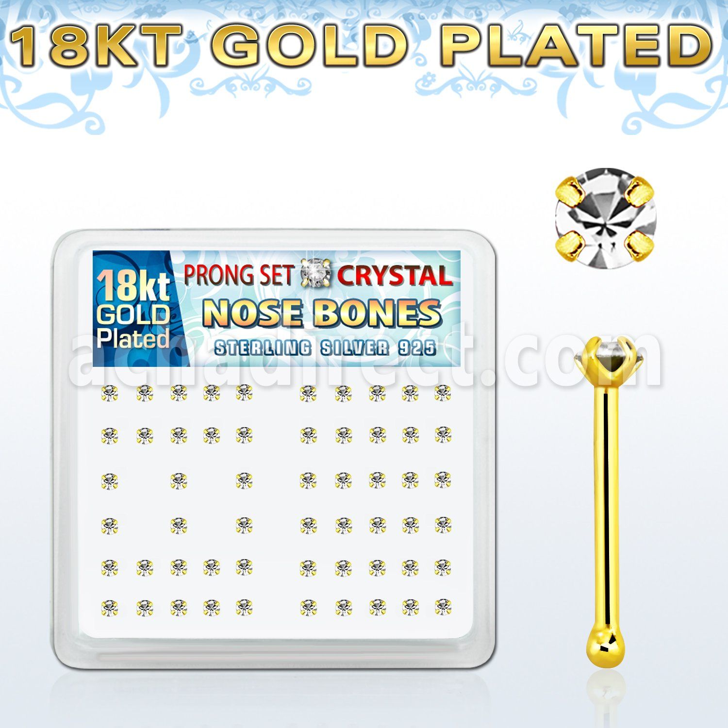 18nbpxc caja display piercing nariz hueso plata 925 0 6mm oro 18 kts cristal redondo claro 1 5mm distribuidor mayorista