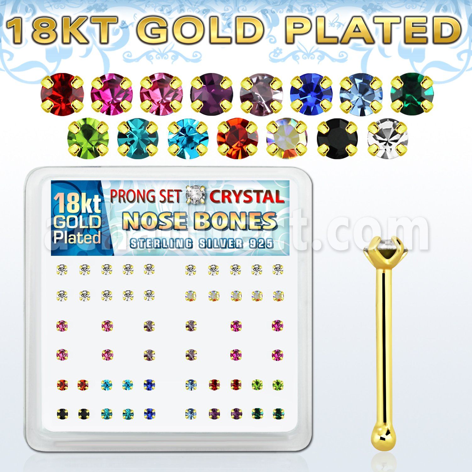 18nbpxm caja display piercing nariz hueso plata 925 0 6mm oro 18 kts cristal redondo 1 5mm distribuidor