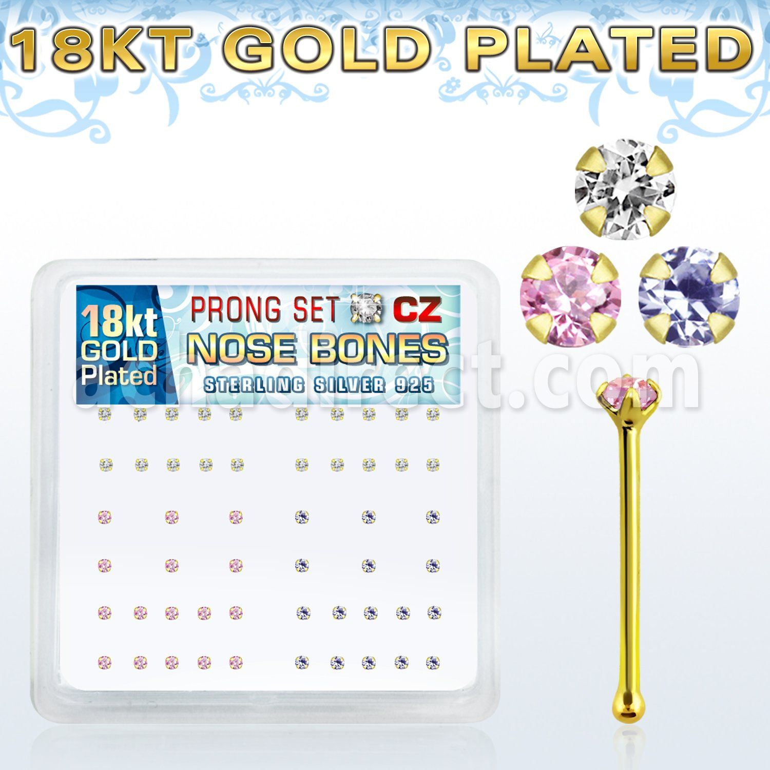 18nbzbm caja display piercing nariz hueso plata 925 0 6mm oro 18 kts zirconia 1 5mm al por mayor