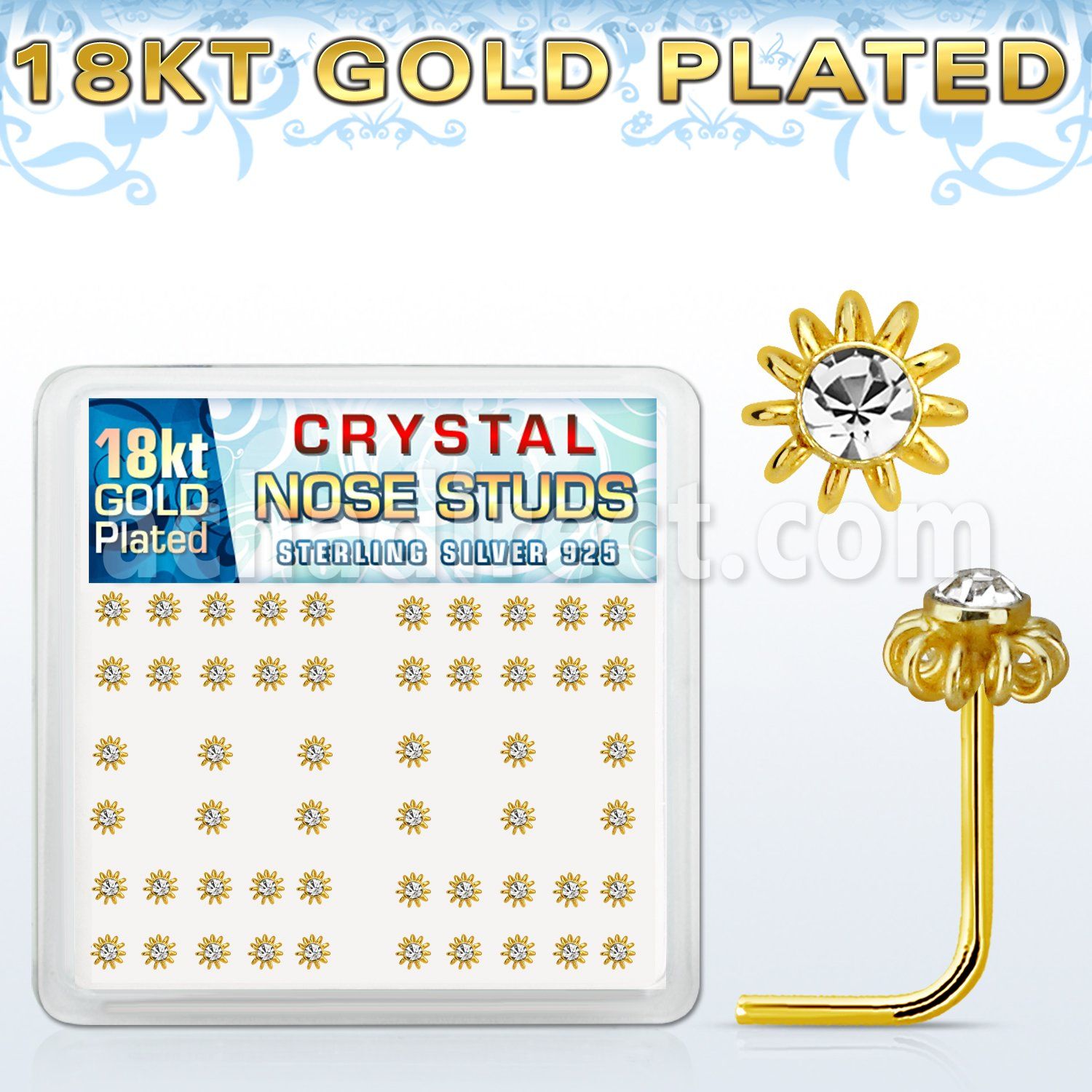 18nsfwxc caja display piercing nariz l plata 925 oro 18k 0.6mm flor alarme cristal centro claro mayorista