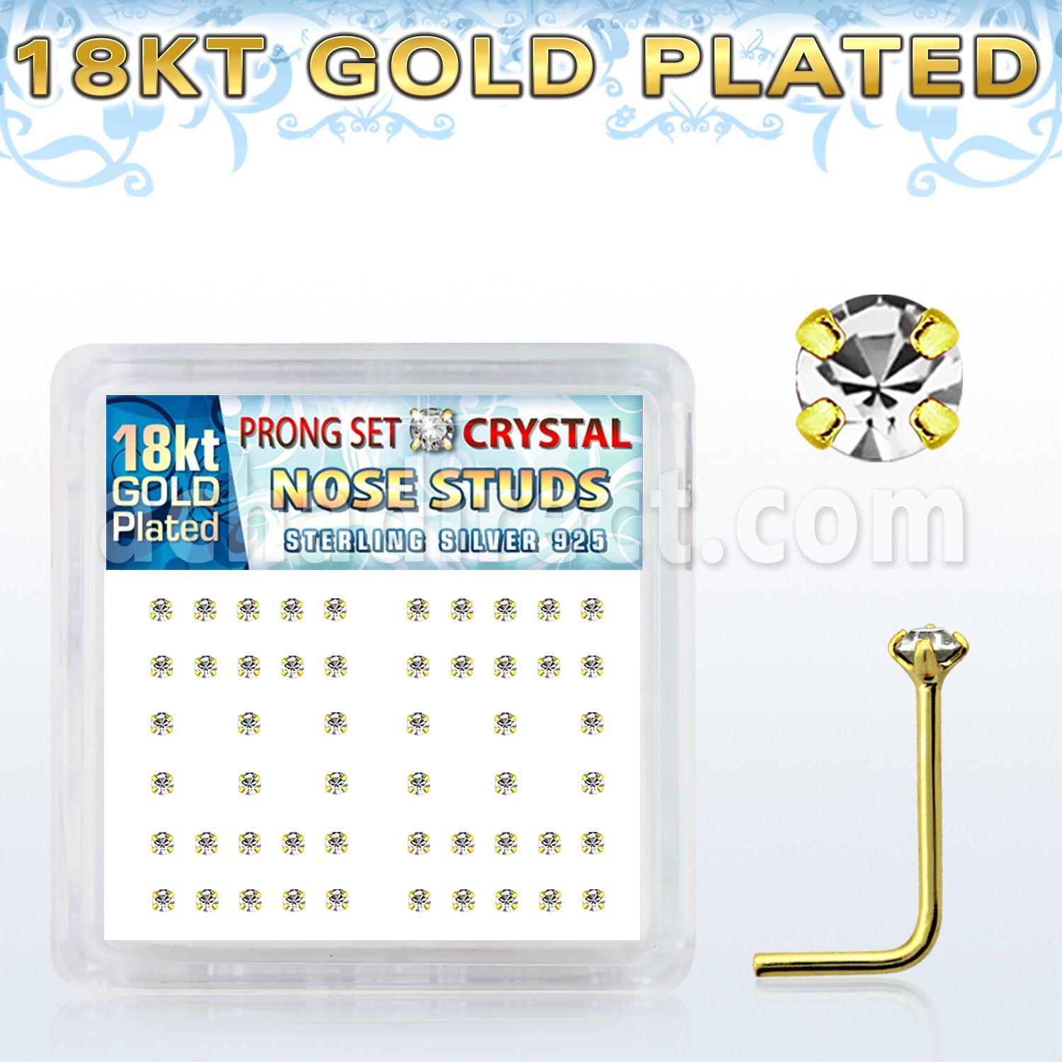 18nspxc caja display piercing nariz l plata esterlina 925 0 6mm cristal claro redondo 1 5mm oro 18 kts al por mayor