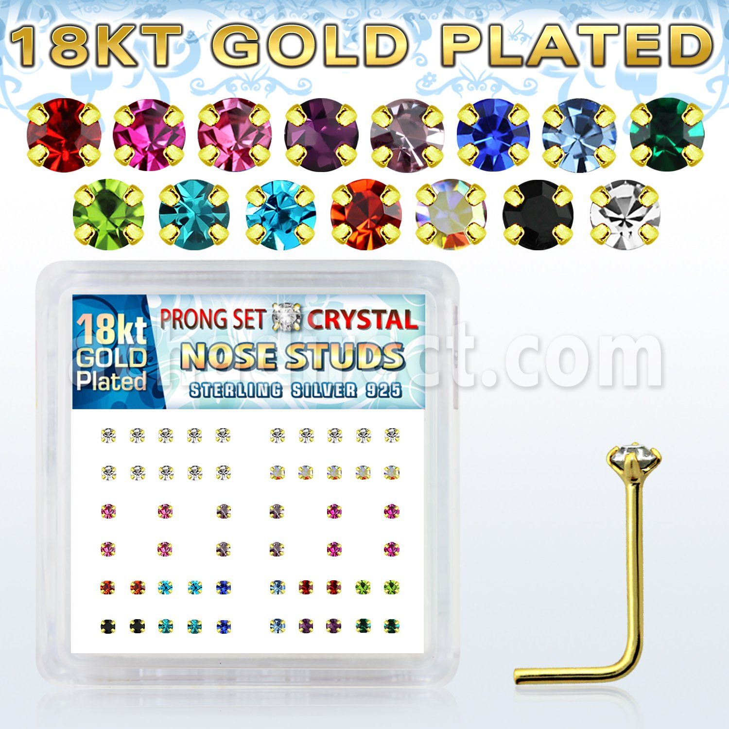 18nspxm caja display piercing nariz l plata esterlina 925 0 6mm cristal redondo 1 5mm oro 18 kts distribuidor mayorista