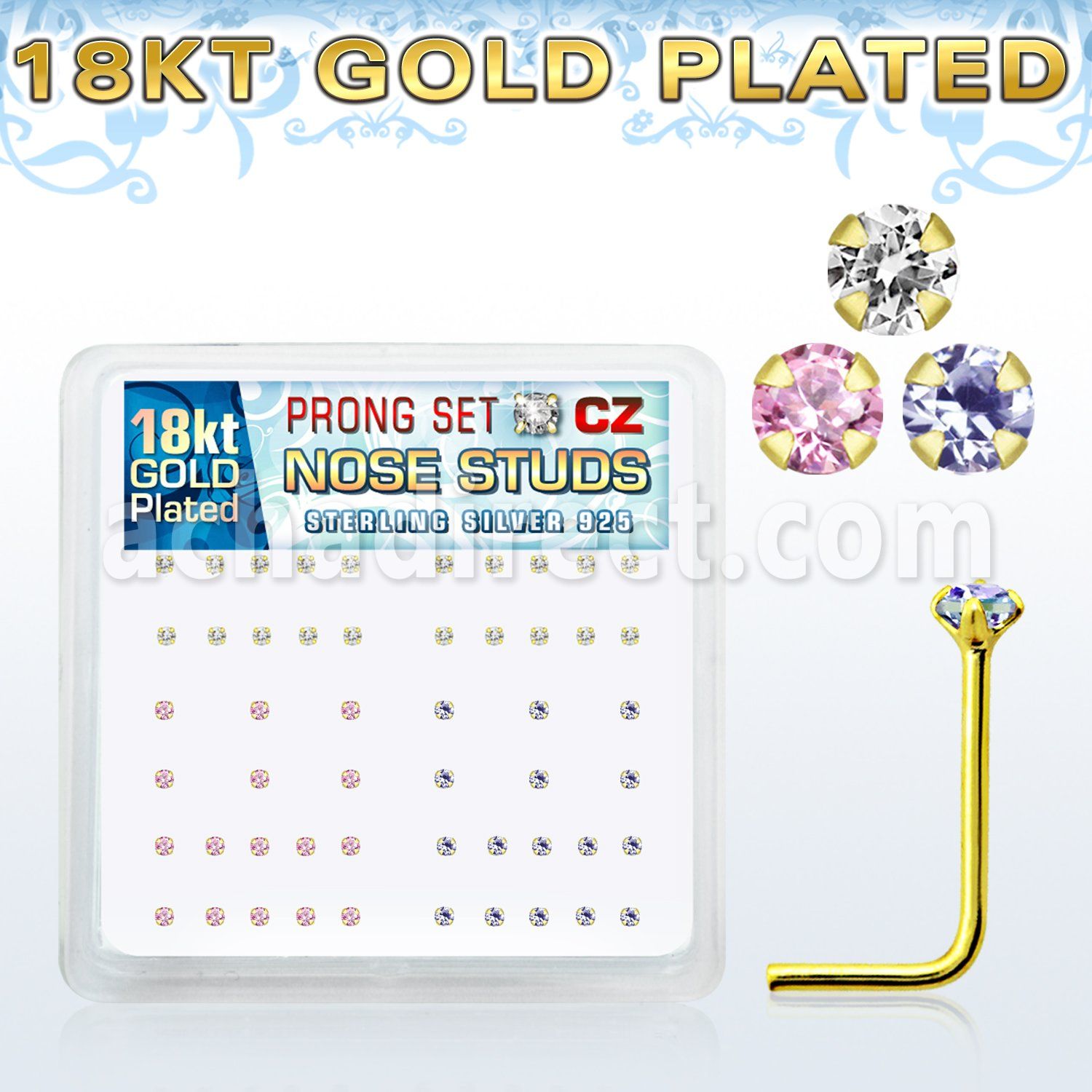 18nszbm caja display piercing nariz l plata 925 0 6mm oro 18 kts zirconia 1 5mm distribuidor mayorista