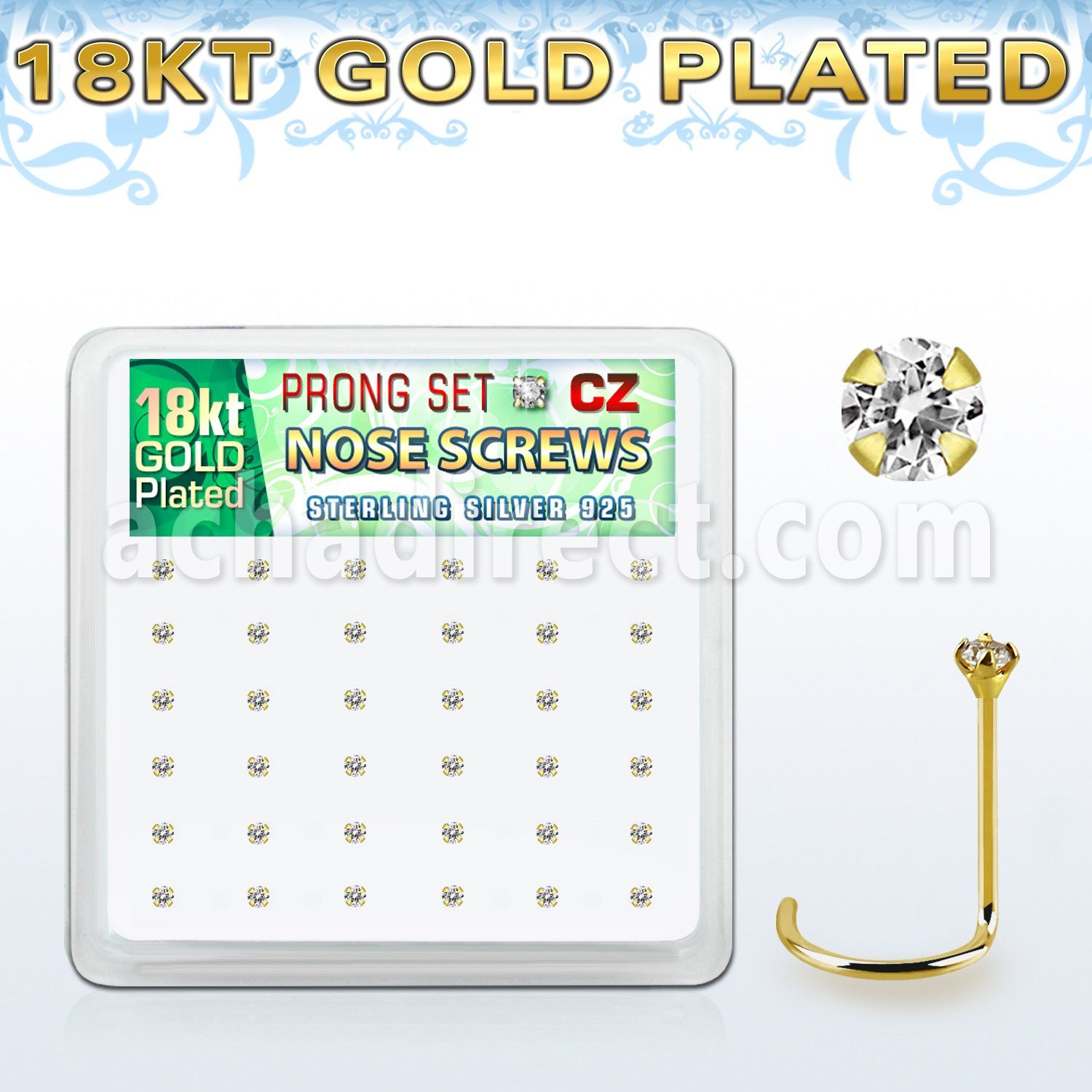 18nwzbc caja display 36 piercings nariz l plata 925 oro 18 kts 0 6mm zirconia 1 5mm distribuidor mayorista