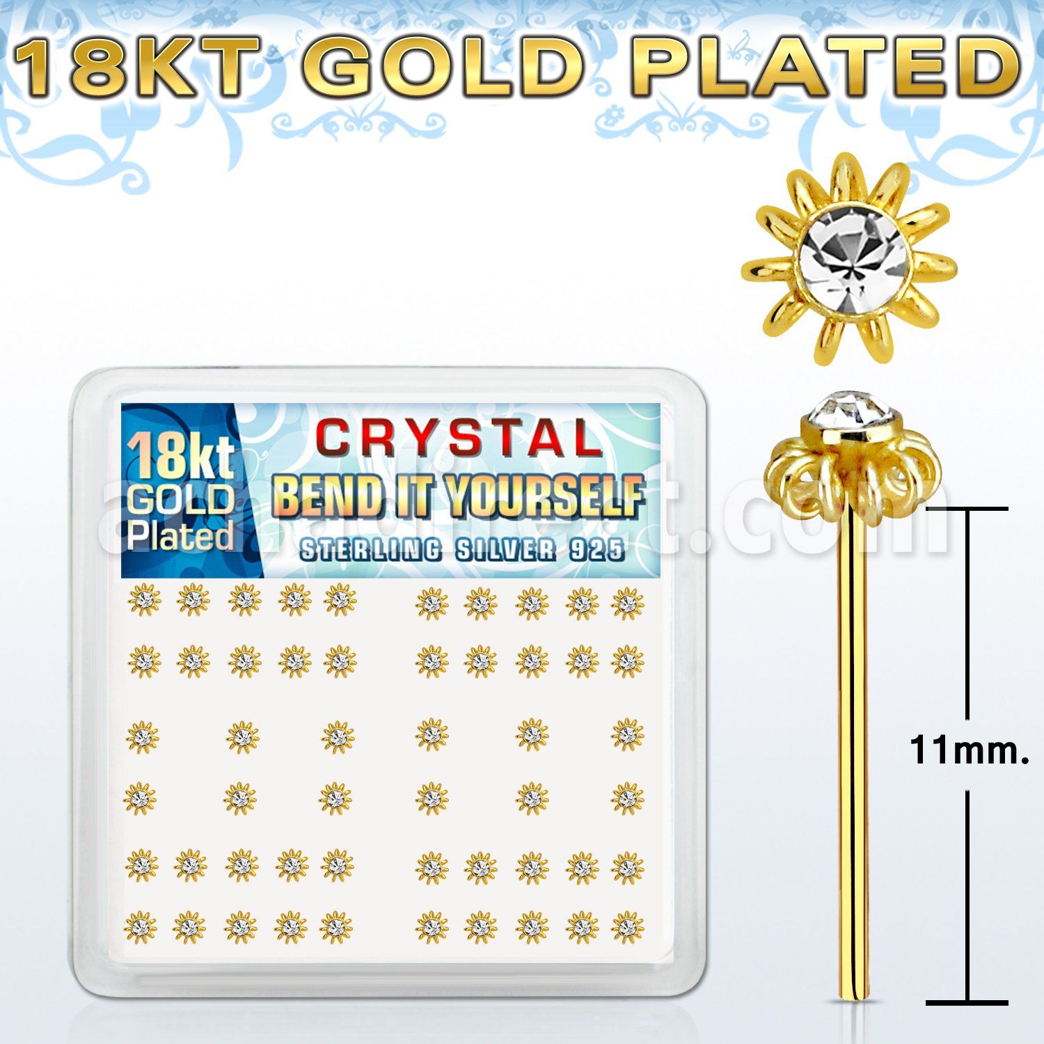 18nyfwxc caja display piercing nariz recto doblar tu mismo plata 925 oro 18k 0.6mm flor alarme cristal centro claro mayorista