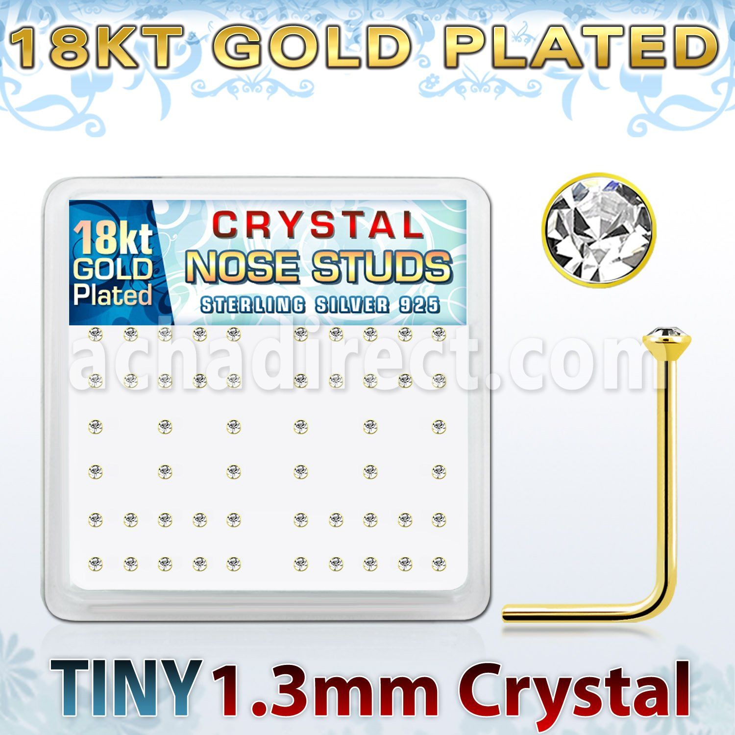 18s6xc caja display piercing nariz l plata esterlina 925 0 6mm oro 18 kts cristal claro 1 25mm mayorista