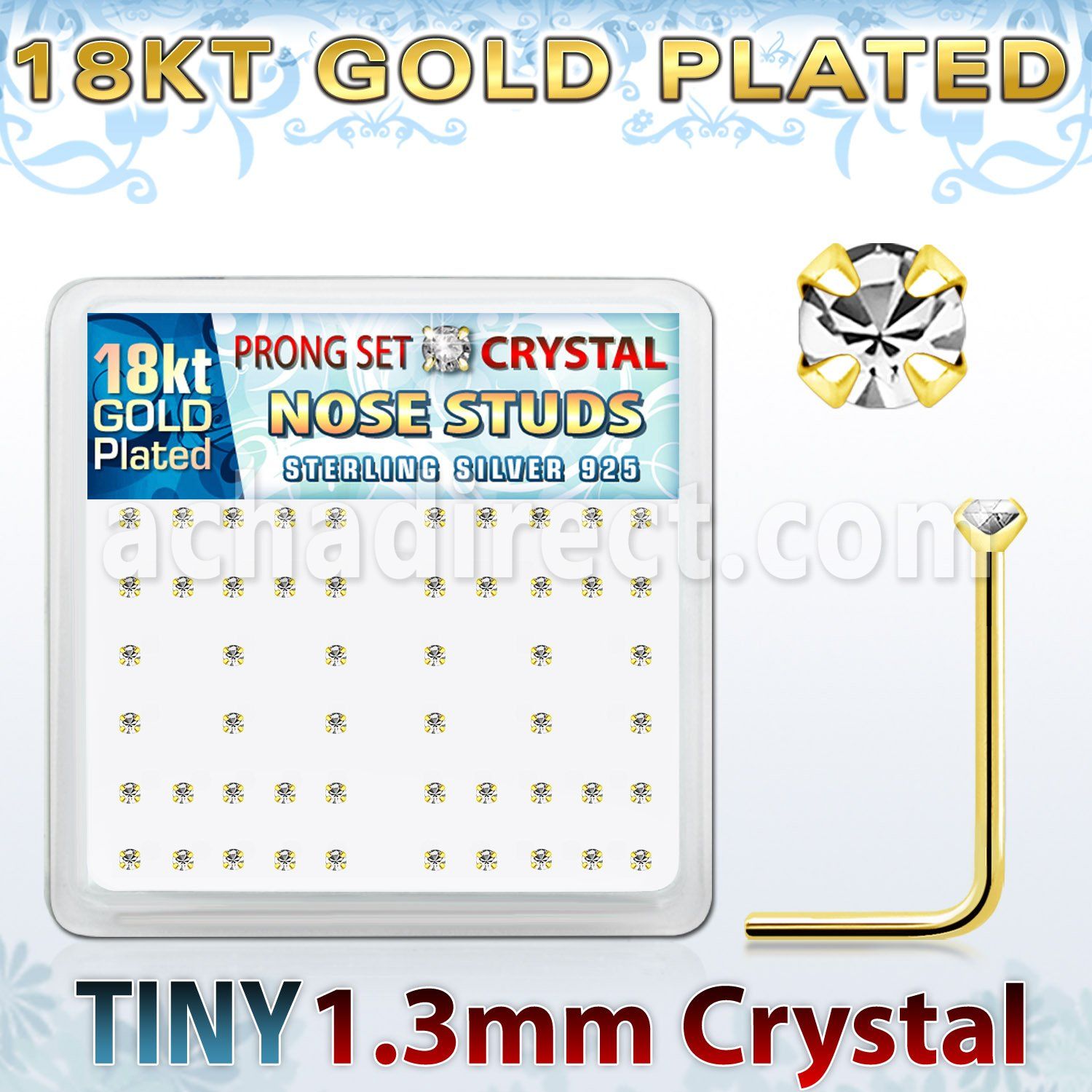 18sp6xc caja display piercing nariz l plata esterlina 925 0 6mm oro 18 kts cristal claros redondos 1 25mm mayorista