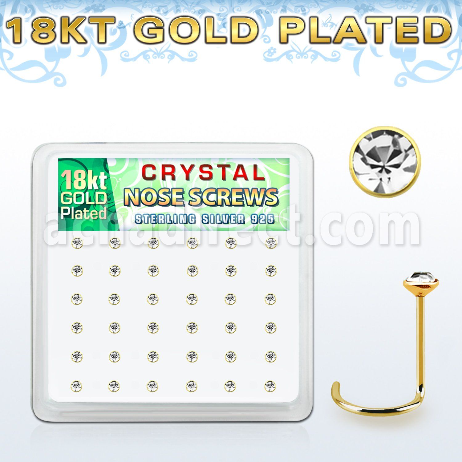 18w14xc caja display 36 piercings nariz l plata 925 oro 18 kts 0 6mm cristal 2mm distribuidor mayorista