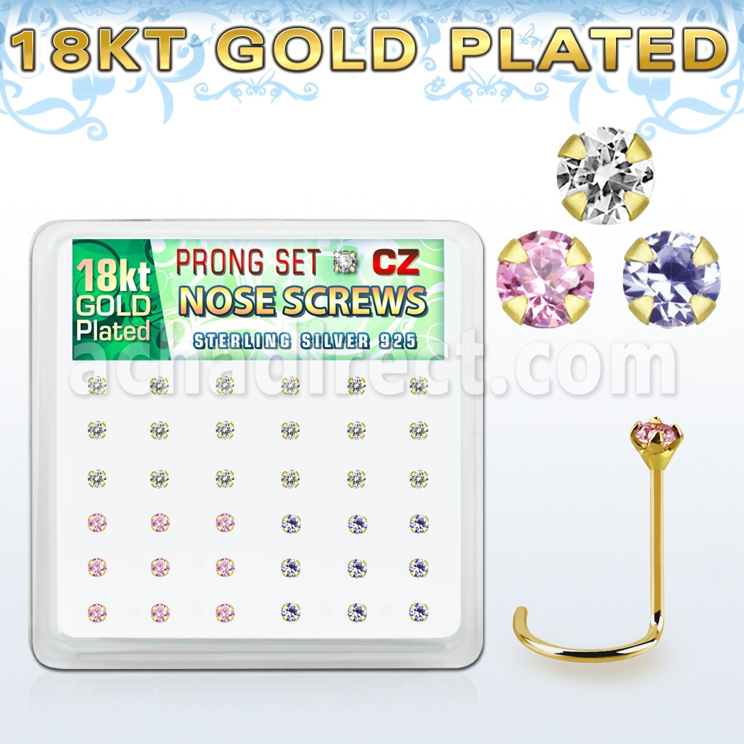 18wz2xm caja display 36 piercings nariz l plata 925 oro 18 kts 0 6mm zirconia 2mm distribuidor