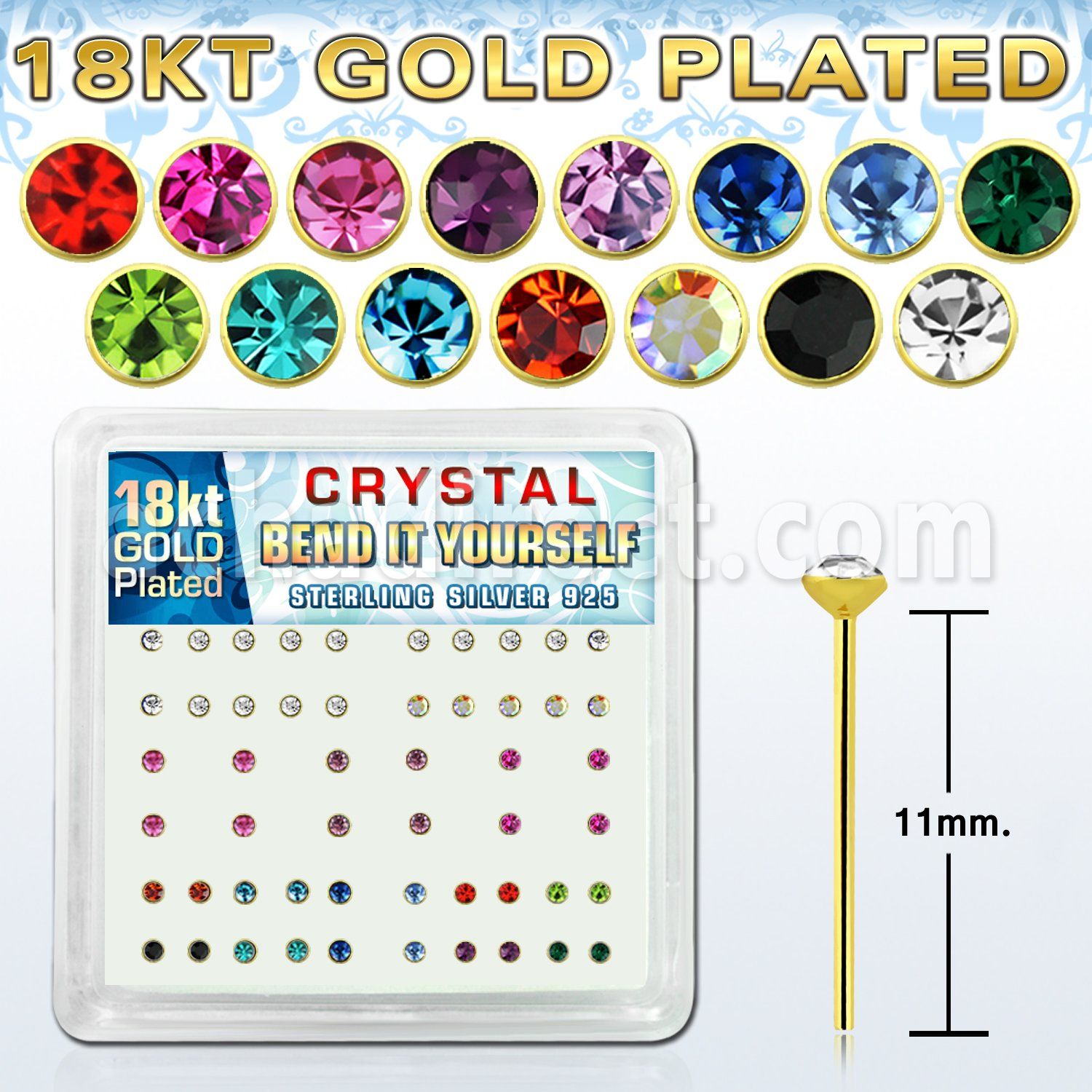 18y14xm caja display piercing nariz doblar tu mismo plata 925 0 6mm oro 18 kts cristal redondo 2mm distribuidor mayorista