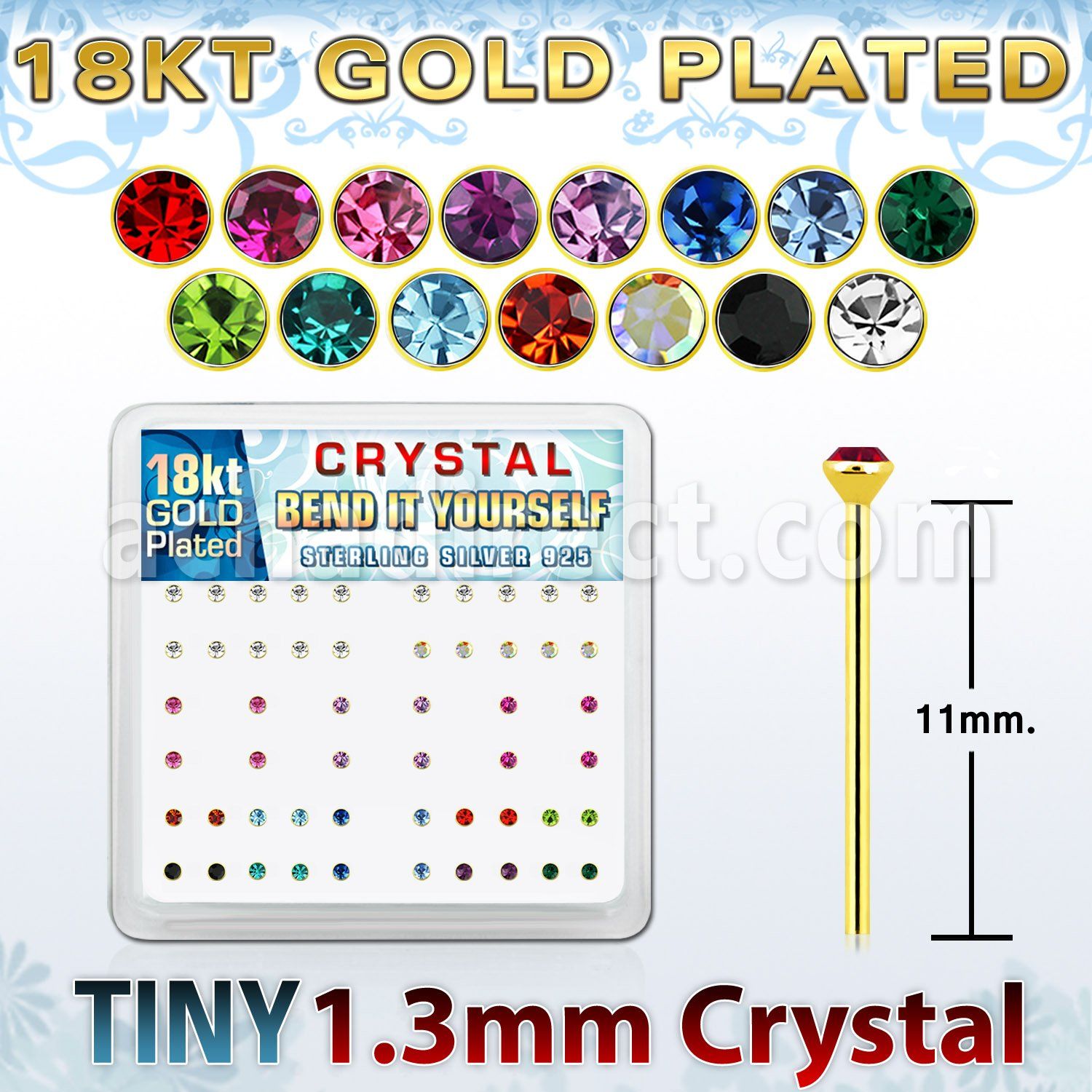 18y6xm caja display piercing nariz doblar tu mismo plata esterlina 925 0 6mm oro 18 kts cristal claro 1 25mm distribuidor