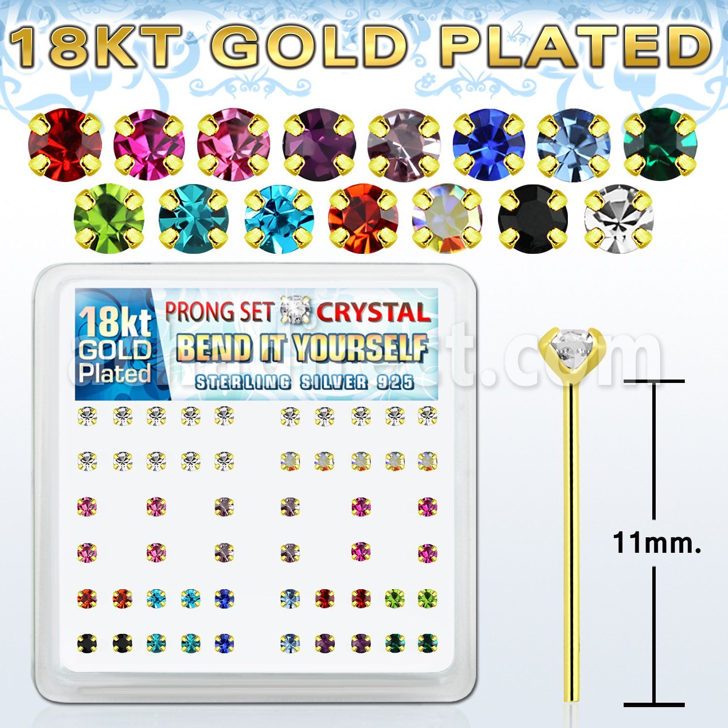 18yp14xm caja display piercing nariz doblar tu mismo plata 925 0 6mm oro 18 kts cristal redondos 2mm venta