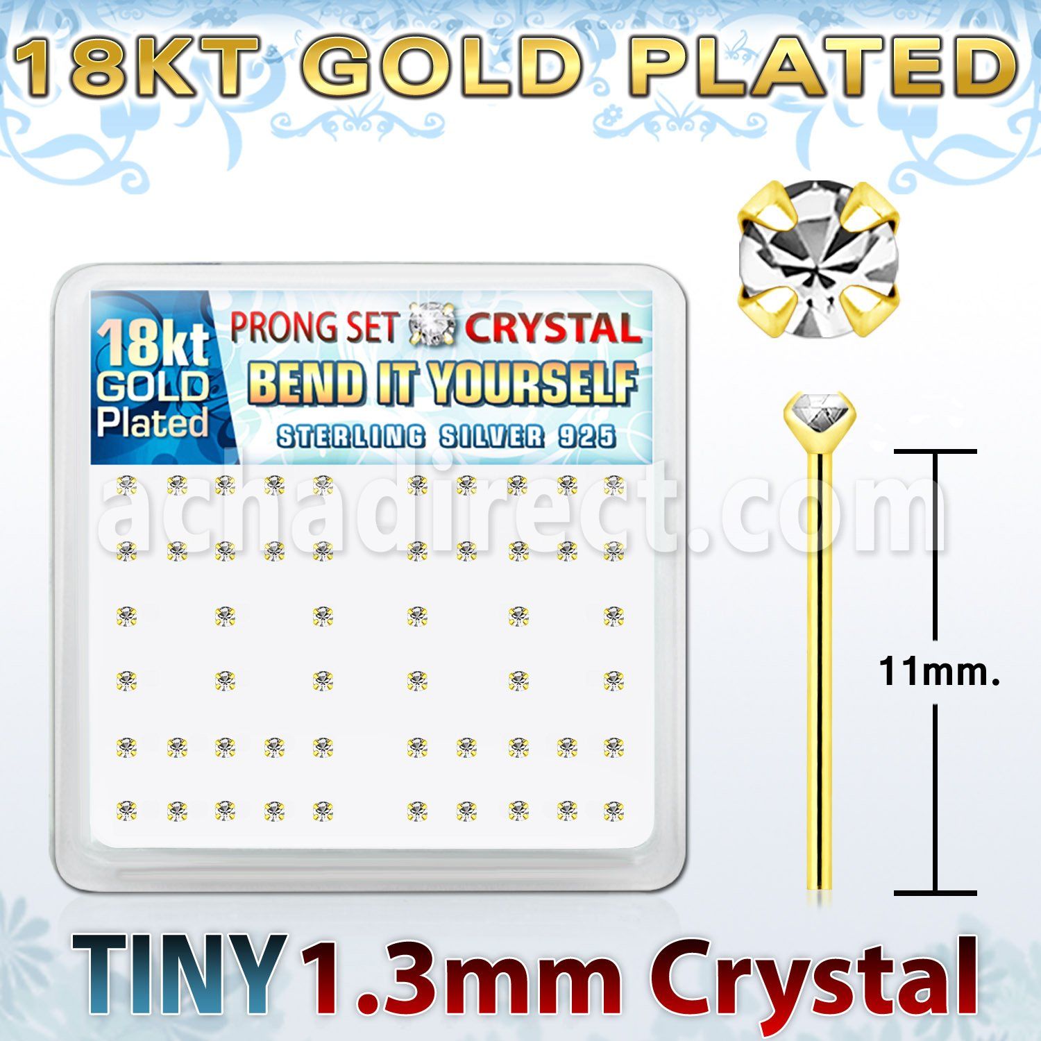18yp6xc caja display piercing nariz doblar tu mismo plata esterlina 925 0 6mm oro 18 kts cristal claro 1 25mm mayorista