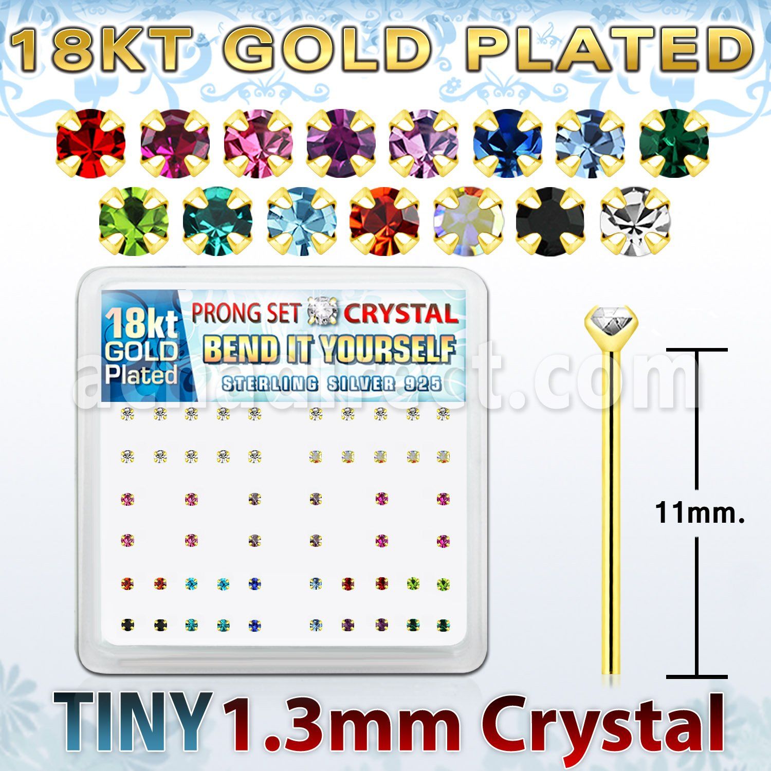 18yp6xm caja display piercing nariz doblar tu mismo plata esterlina 925 0 6mm oro 18 kts cristal redondo 1 25mm distribuidor mayorista