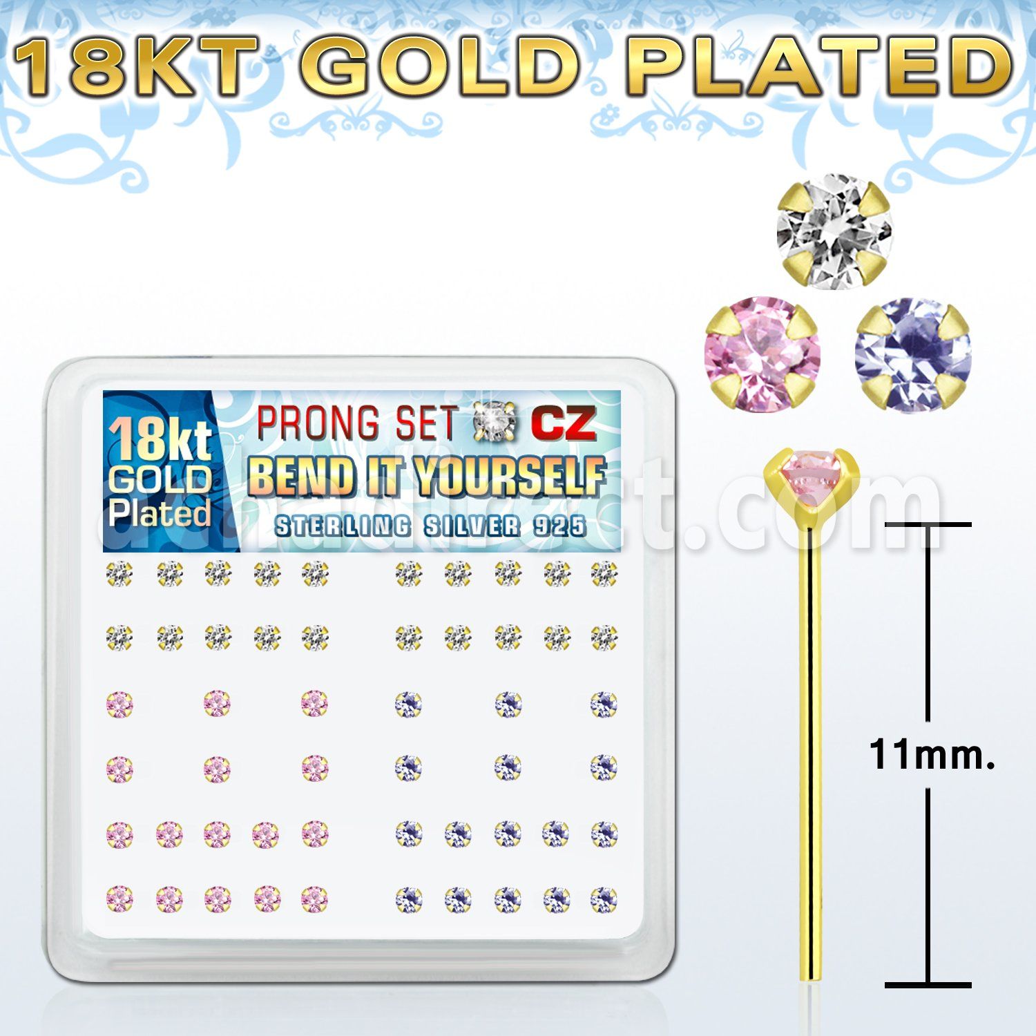 18yz25xm caja display piercing nariz doblar tu mismo plata esterlina 925 oro 18 kts grandes zirconia 2 5mm distribuidor mayorista