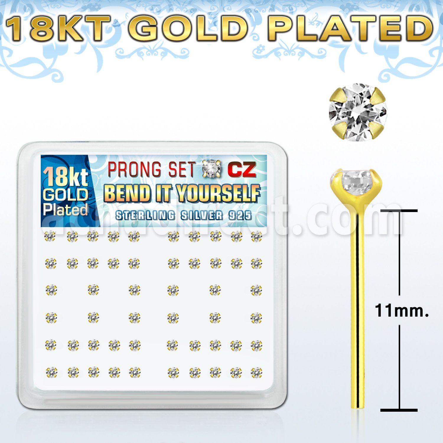 18yz2xc caja display piercing nariz recto doblar tu mismo plata esterlina 925 0 6mm oro 18 kts zirconia claras redondas 2mm venta