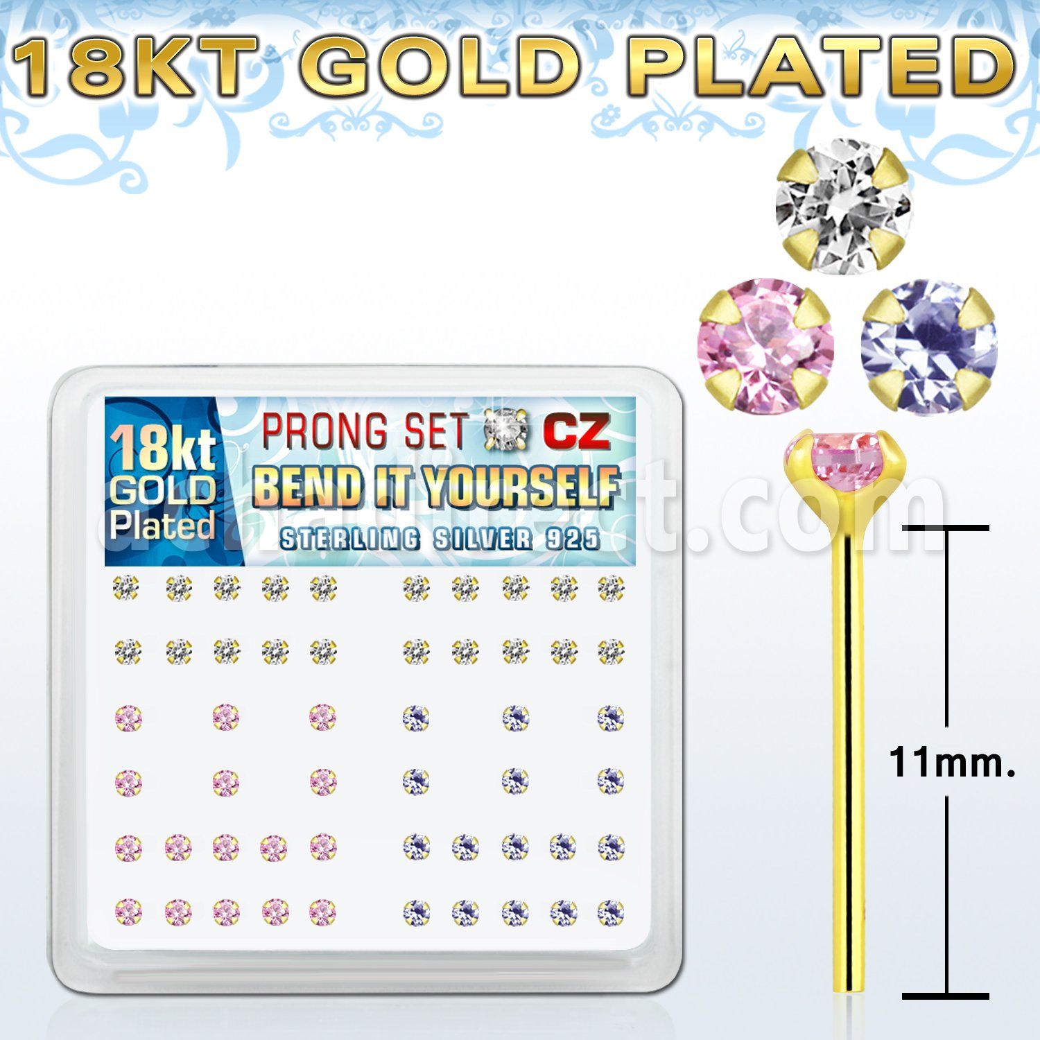 18yz2xm caja display piercing nariz doblar tu mismo plata 925 0 6mm oro 18 kts zirconia 2mm mayorista