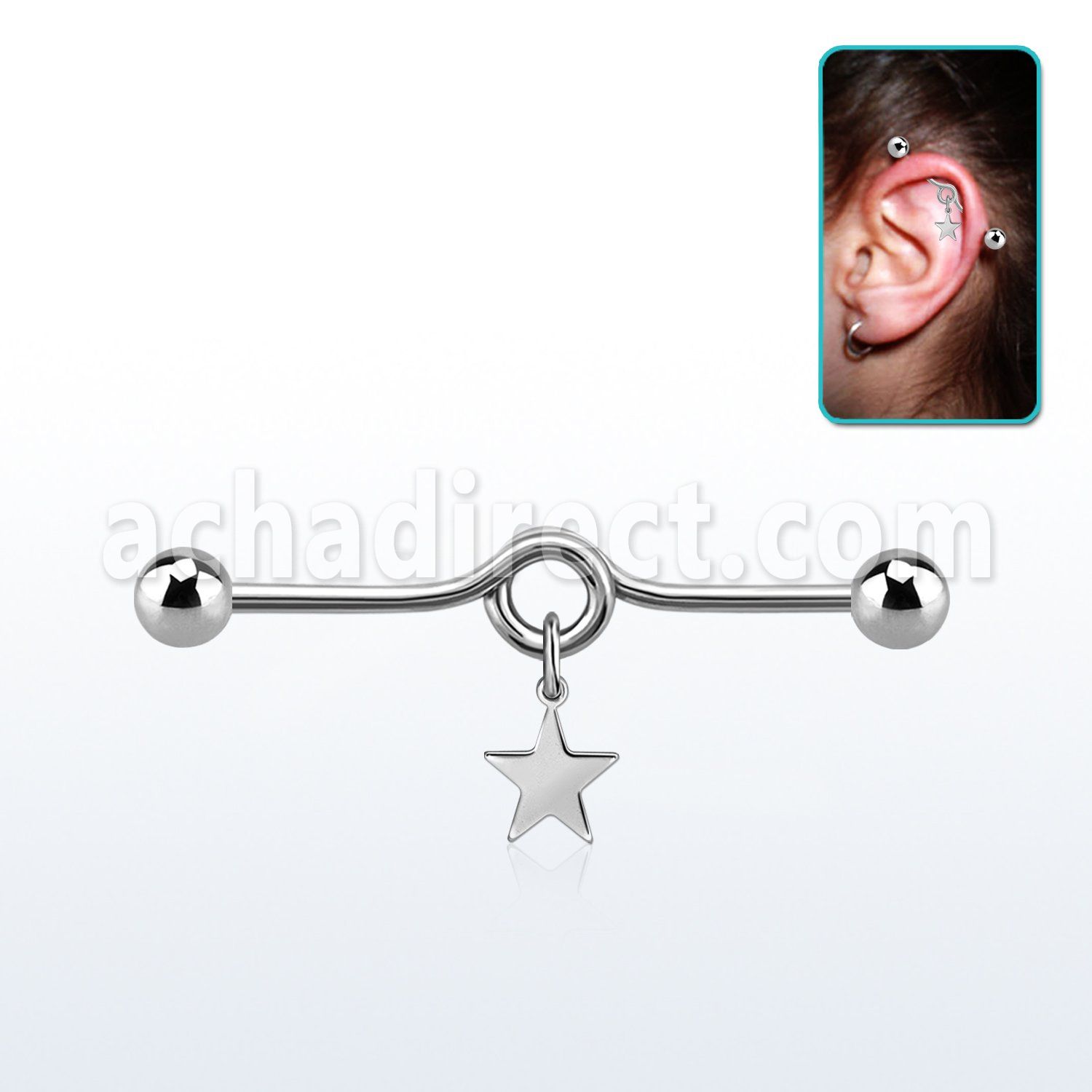 316l steel industrial loop barbell w dangling steel star