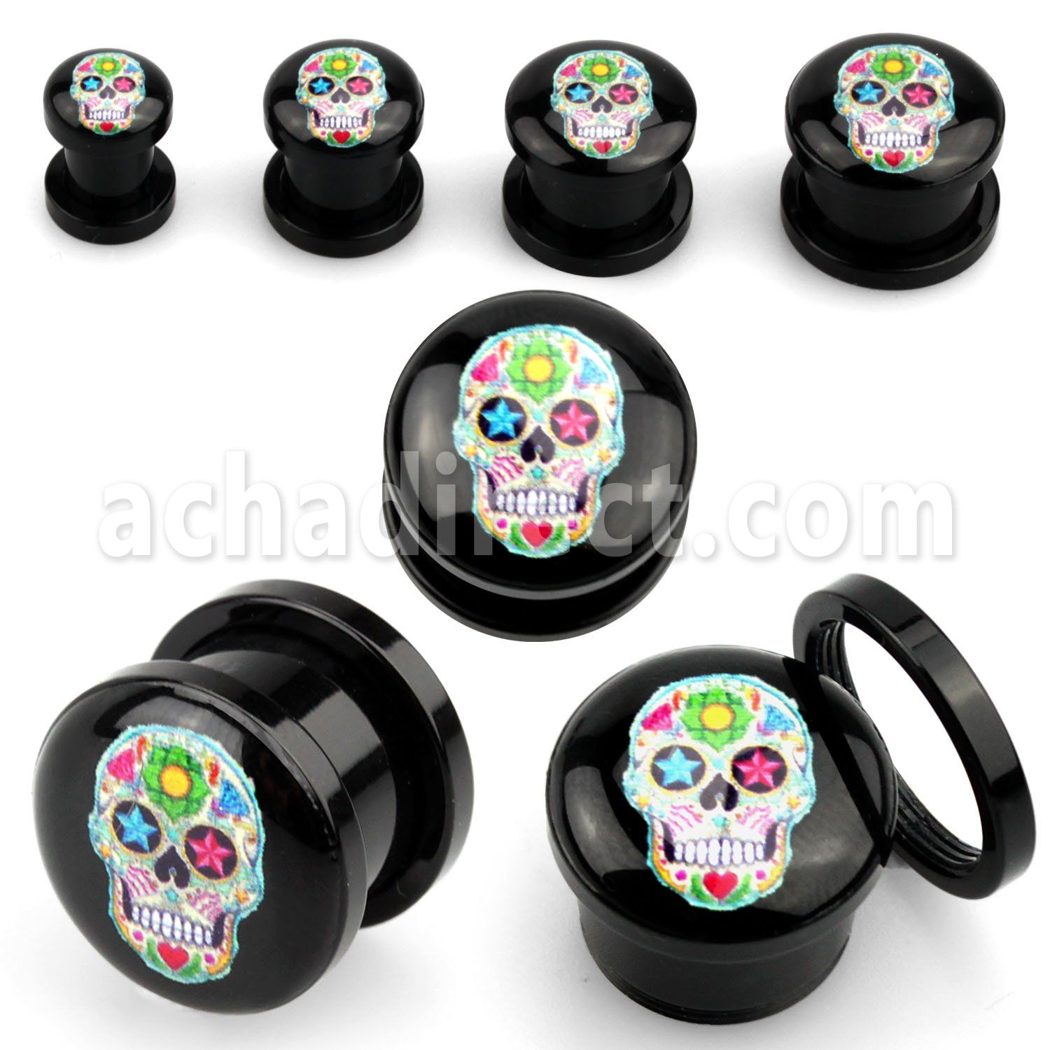 afpeee dilatacion plug tornillo acrilico negro calavera azucar colorida fondo negro venta
