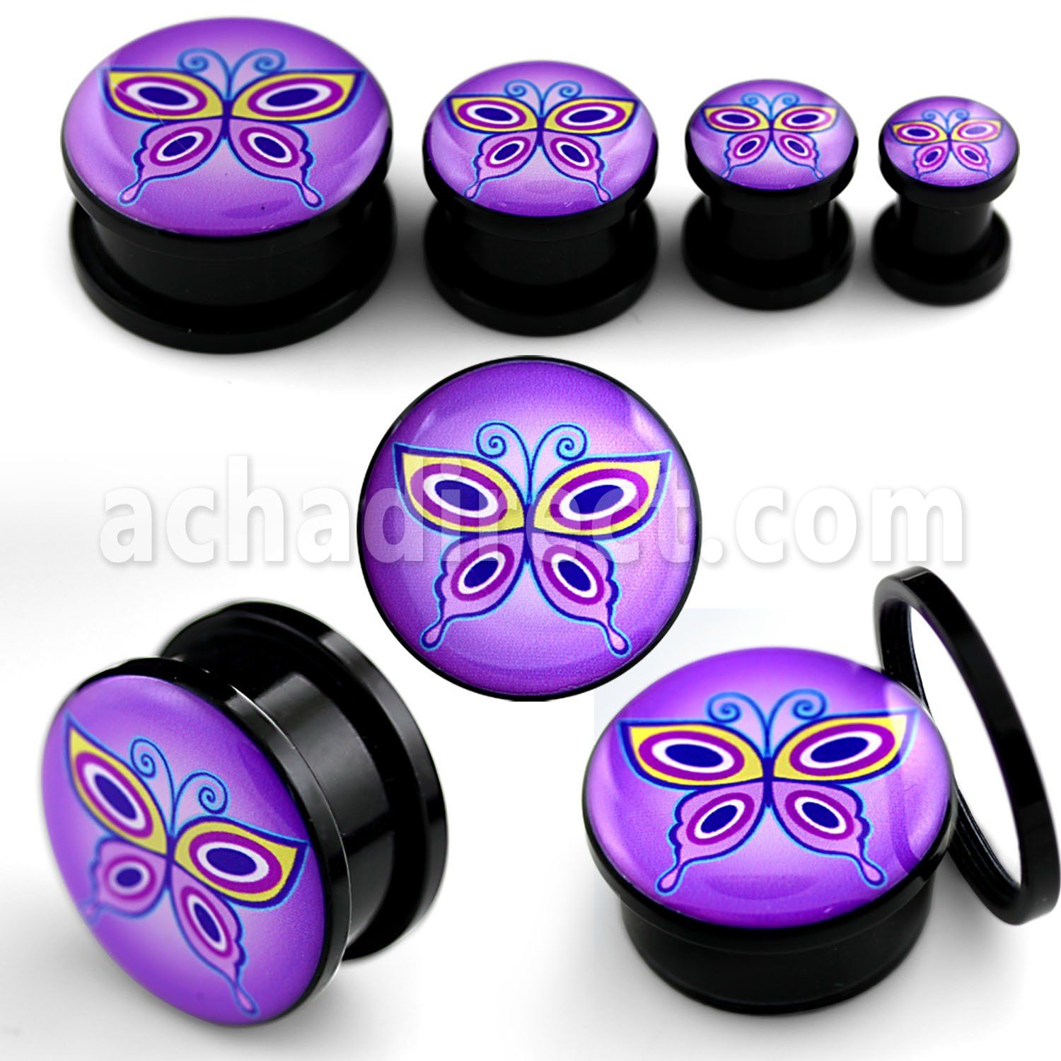 afpqq dilatacion plug tornillo acrilico negro logo mariposa psicodelica fondo purpura intenso mayorista