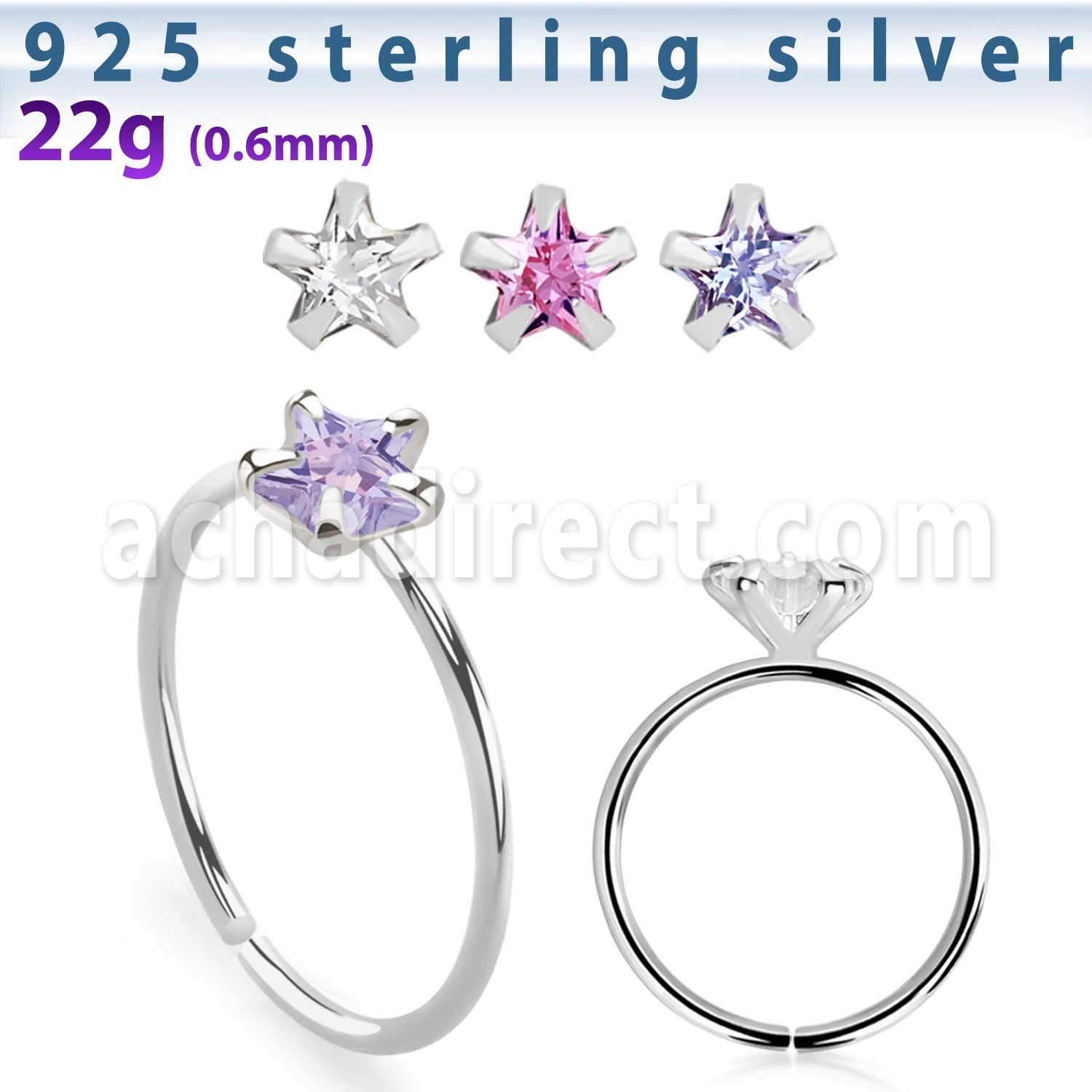 agzsm22 silver seamless nose ring 22g star color cz
