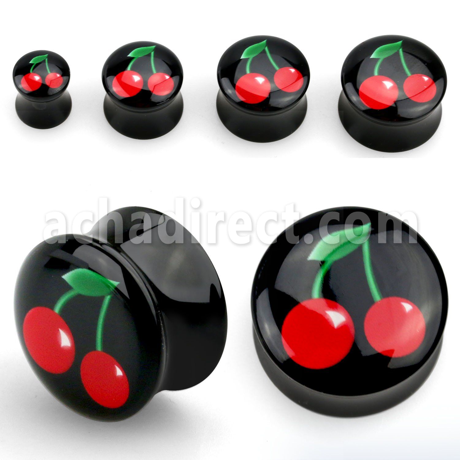 apgche dilatacion plug doble flare acrilico negro logo cerezas dobles clasicas rojas hoja verde fondo negro distribuidor