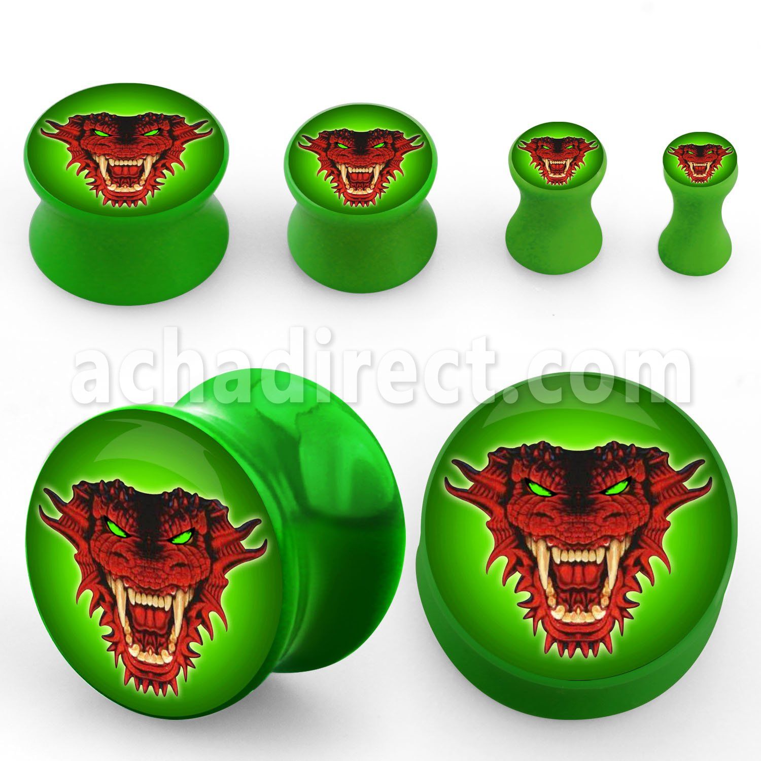 apgdrg dilatacion plug doble flare acrilico verde veneno logo dragon rojo fondo verde veneno mayorista