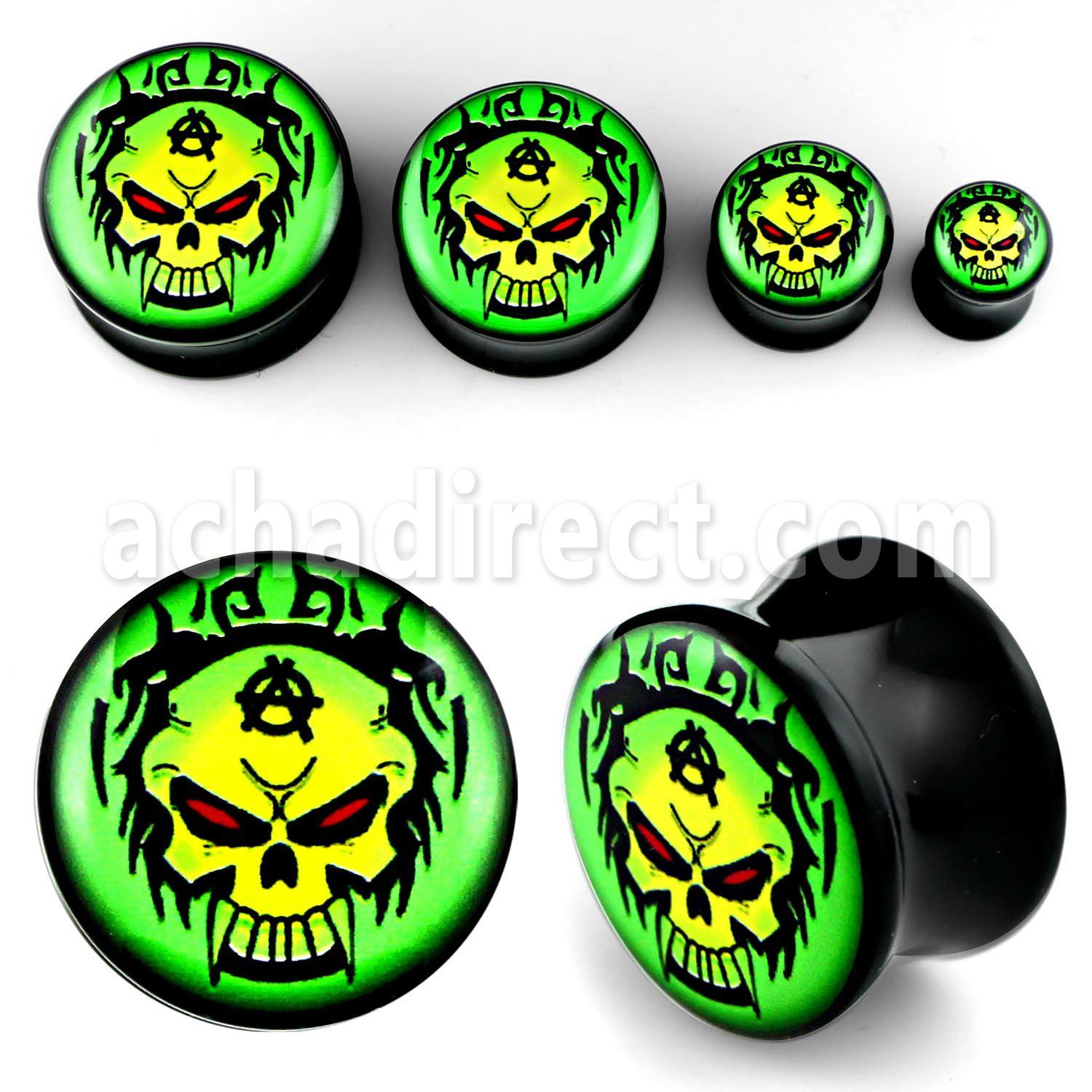 apgww dilatacion plug doble flare acrilico negro logo calavera verde malvada ojos rojos mayorista