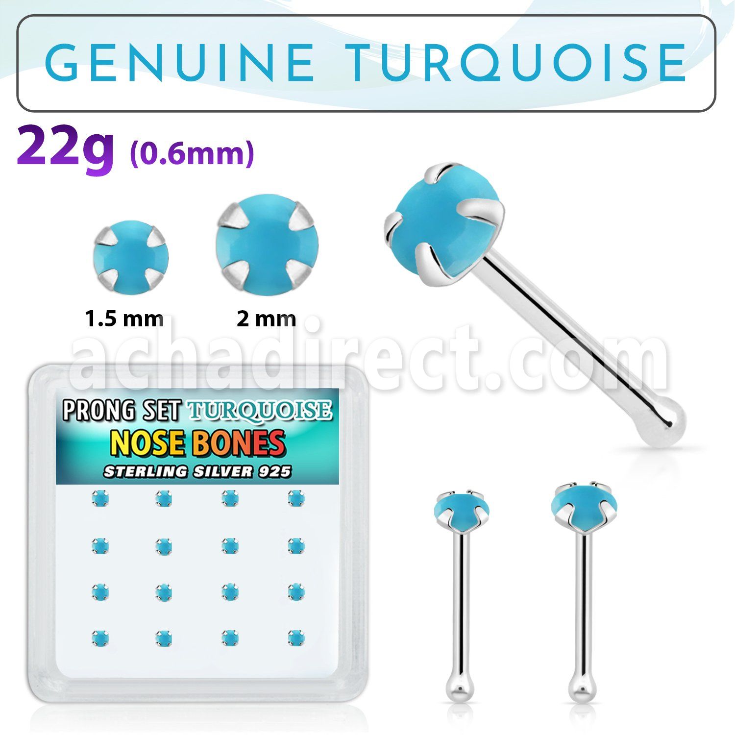 b16pge7 caja 16 piercing nariz hueso plata 925 0 6mm turquesa redonda 2mm al por mayor