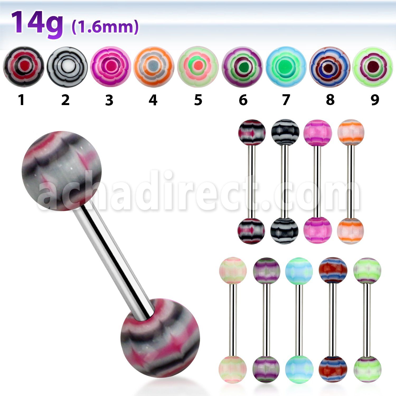 bbdxb barbell lengua acero quirurgico bolas acrilicas 6mm remolino marmolado 16mm al por mayor