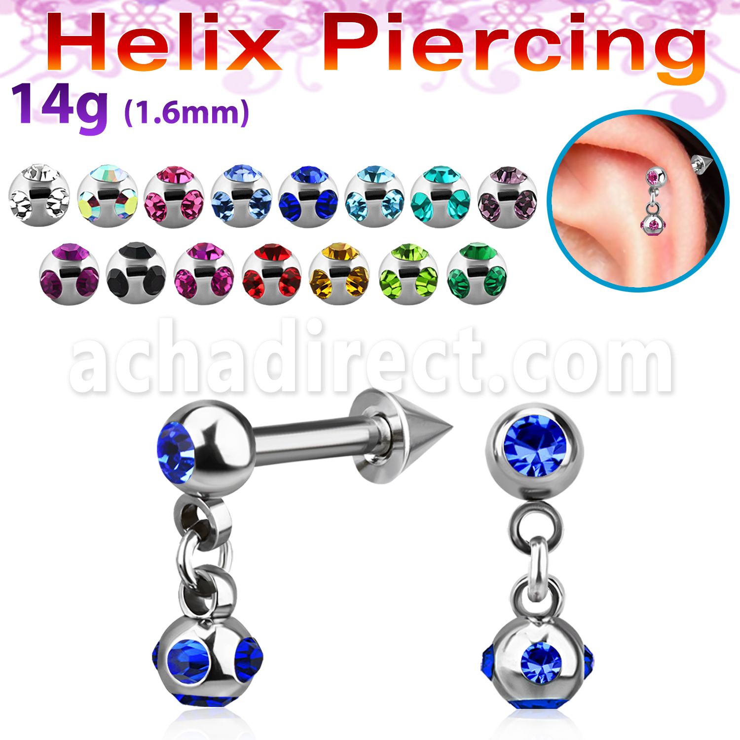 bber44b barbell helix acero quirurgico bola cono acero 4mm bola acero quirurgico multi cristal 4mm al por mayor
