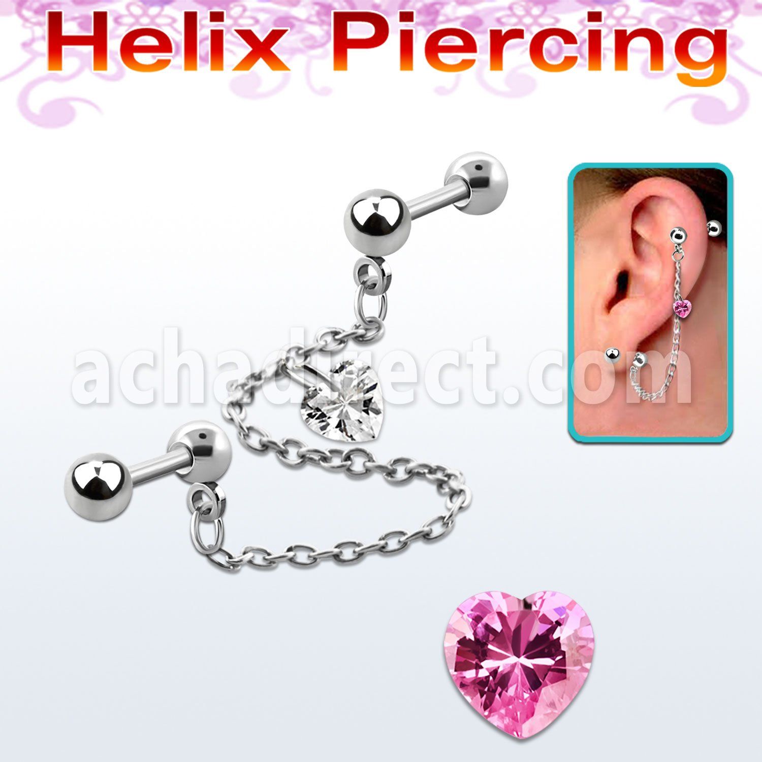 bber48 piercing helix cadena barbell acero quirurgico bolas 4mm 6mm conectado barbell acero 7cm zirconita corazon al por mayor