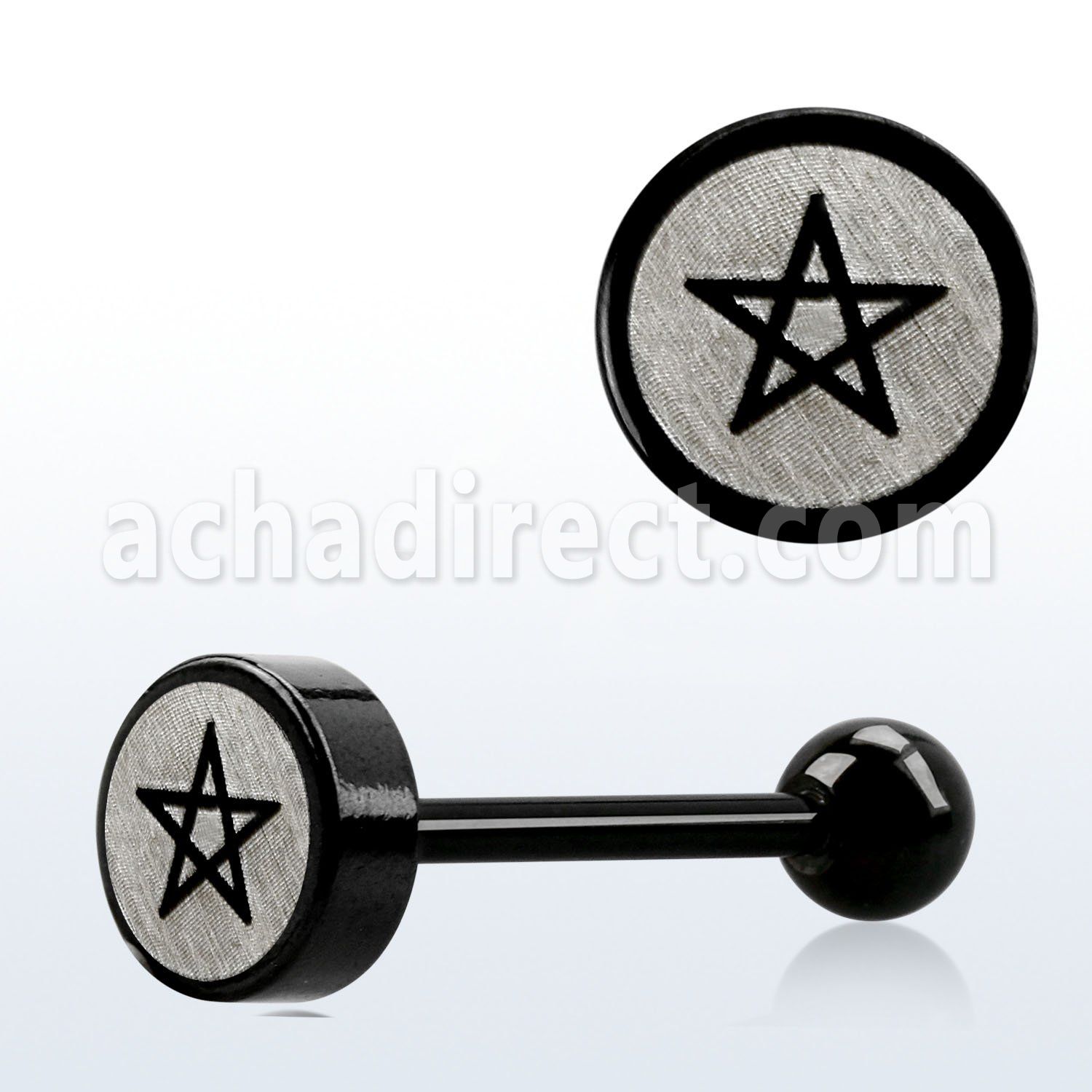 bbls7 barbell lengua acero quirurgico anodizado negro redonda 8mm bola logo pentagrama 6mm 16mm al por mayor
