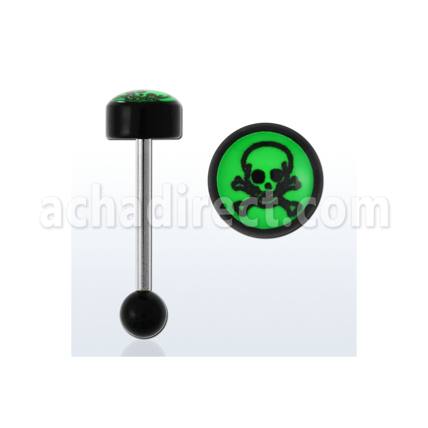 bbvg3 barbell lengua acero quirurgico 316l acrilica redonda 8mm logo calavera huesos cruzados fondo verde 16mm venta