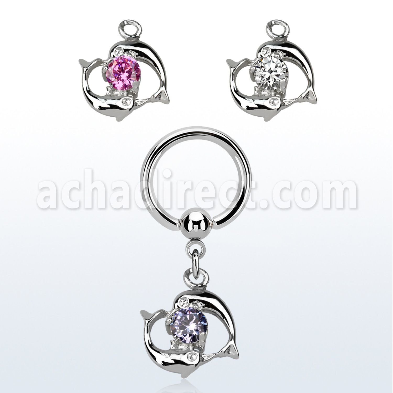 bcrgz15 aro bola presion acero 316l pareja delfines colgados nadando alrededor zirconia distribuidor mayorista