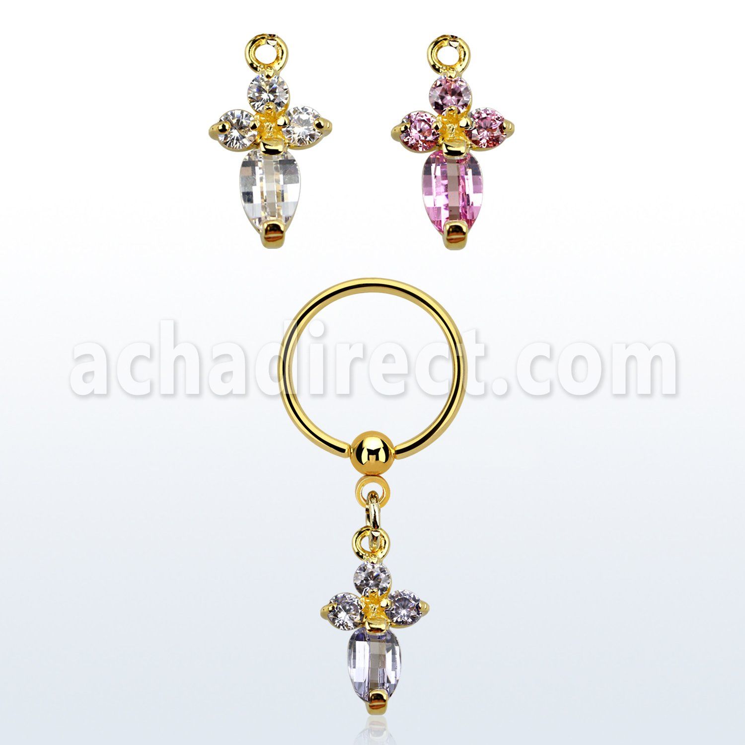 bcrtsz2 aro bola presion acero 316l pvd dorado cruz formada por cuatro zirconia s al por mayor