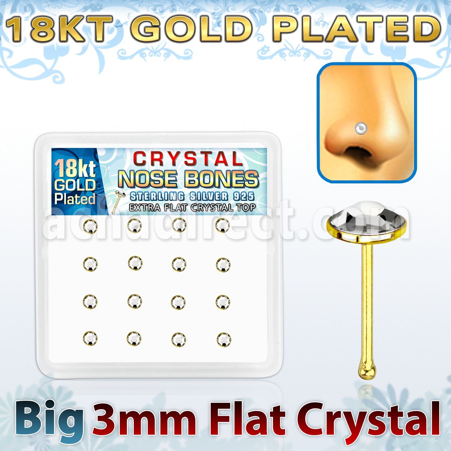 bfbrg16c caja 16 piercing nariz hueso plata esterlina 925 0 6mm oro 18 kts cristal claro extra plano 3mm distribuidor mayorista