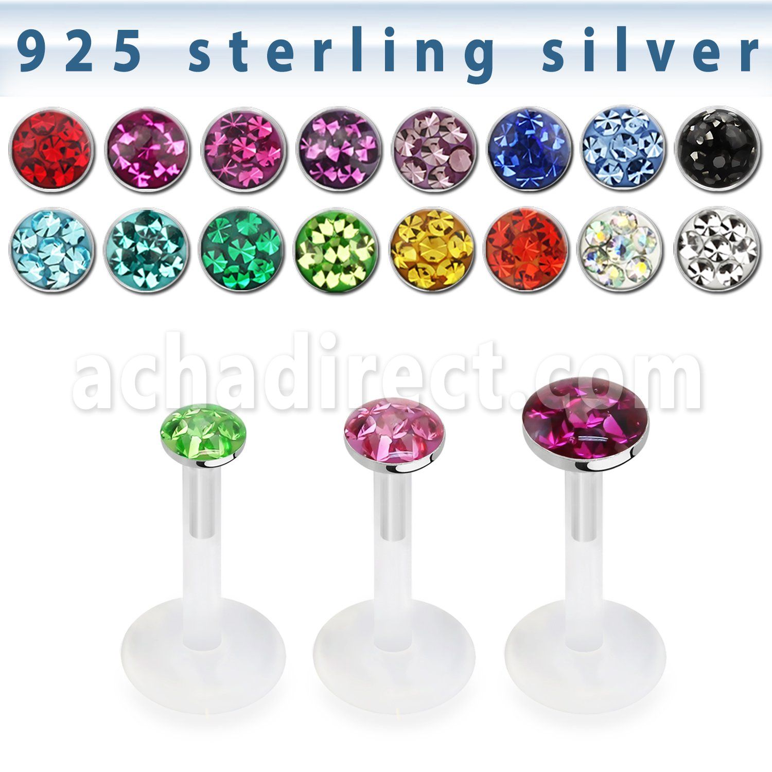 bilfr bioflex labret silver multicrystal ferido flat