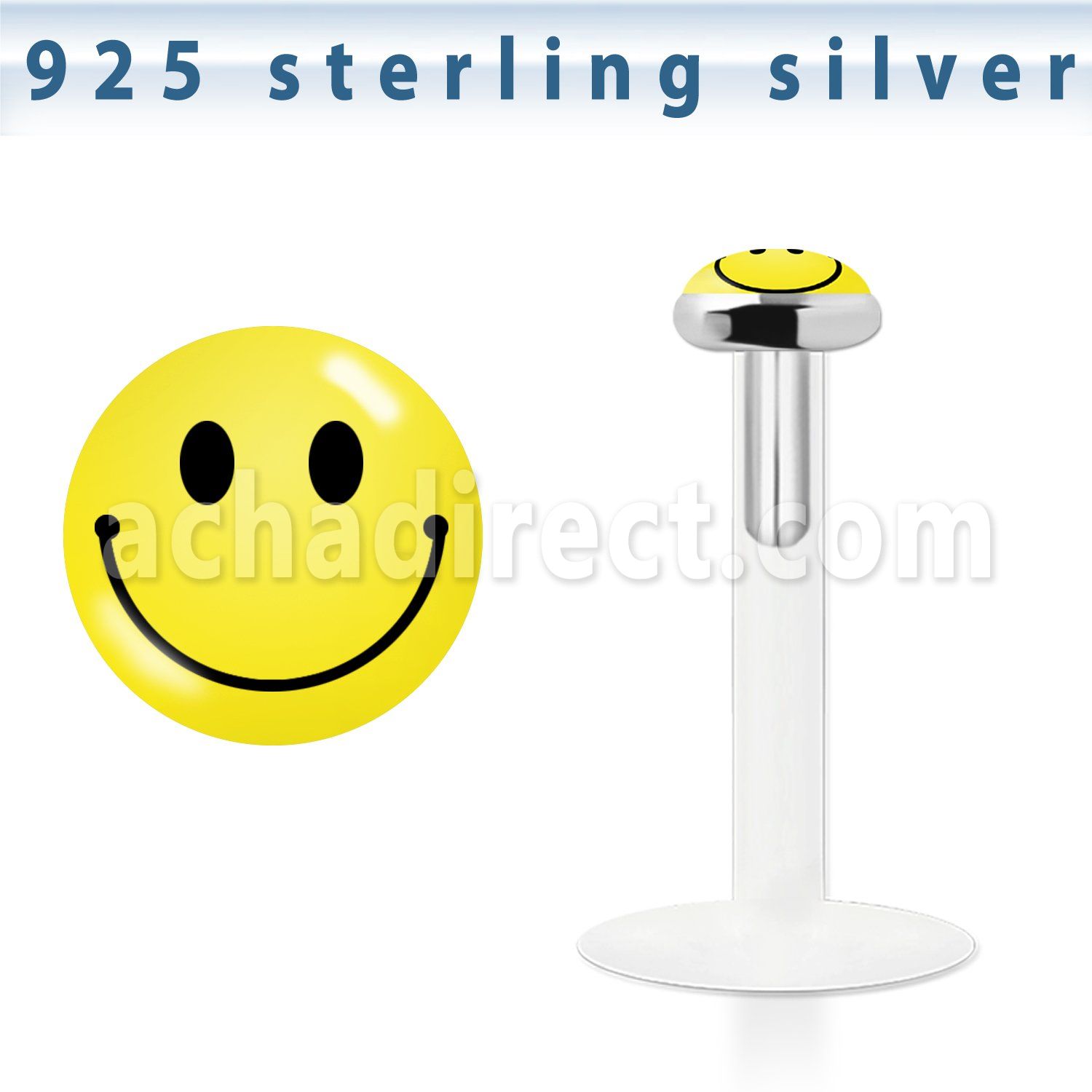 bilg21 labret bio flexible transparente plata esterlina presion 3mm logo cara sonriente amarilla al por mayor