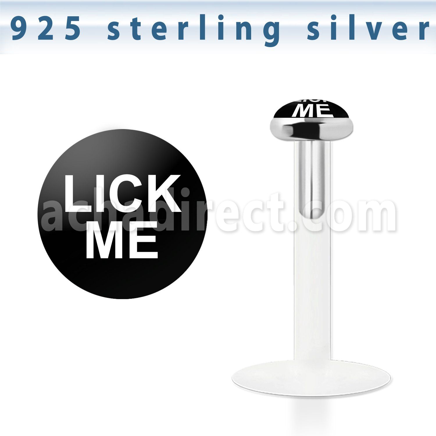 bilg28 labret bio flexible transparente plata esterlina presion 3mm logo las letras lick me blancas fondo negro distribuidor mayorista