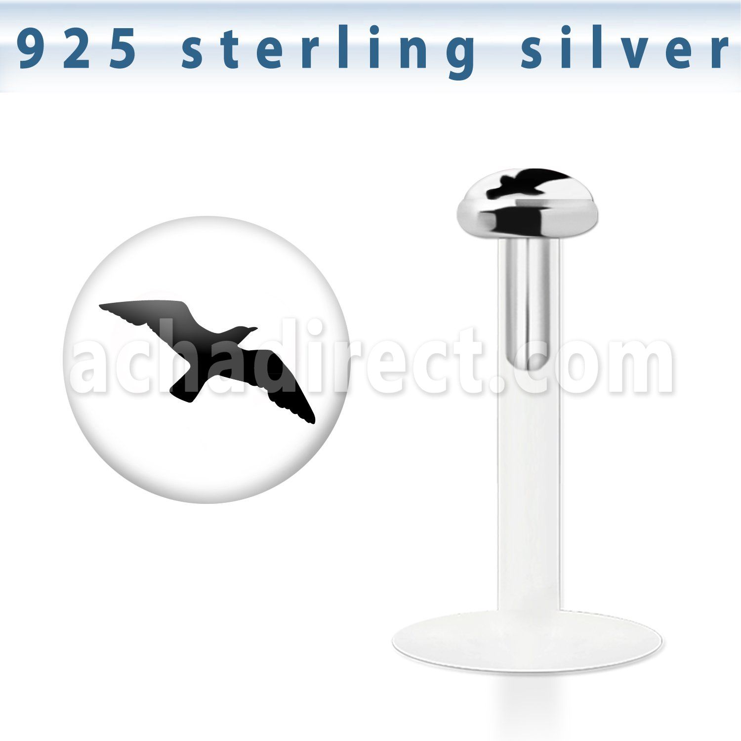 bilg39 labret bio flexible transparente plata esterlina presion 3mm logo golondrina negra fondo blanco al por mayor