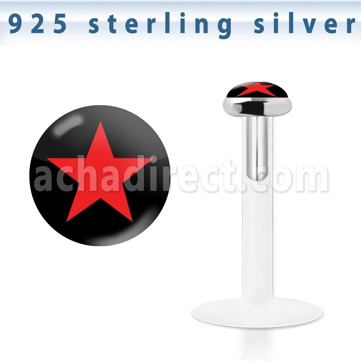 bilg47 labret bio flexible transparente plata esterlina presion 3mm logo estrella roja fondo negro distribuidor